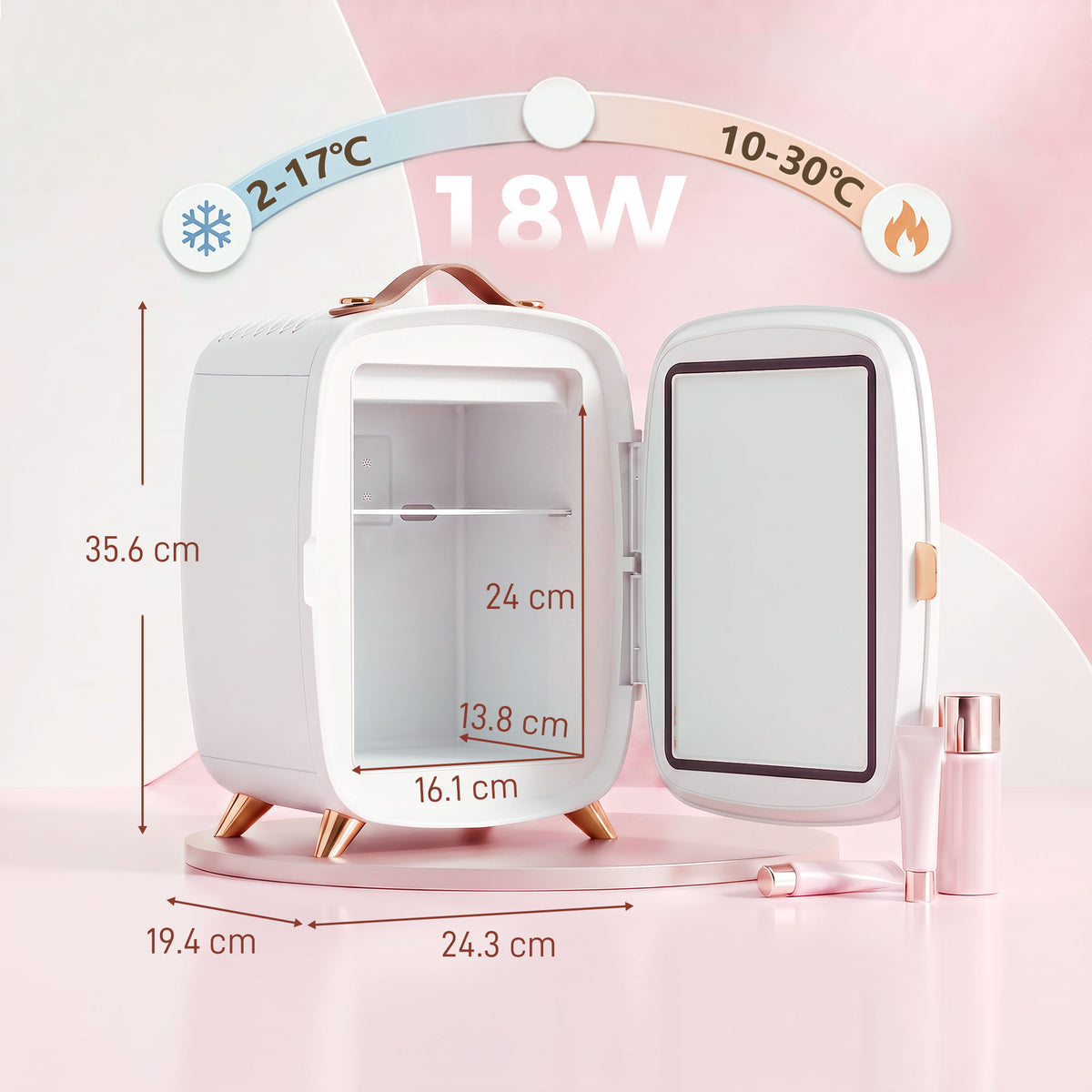 White 6L mini skincare fridge shown open, side view with interior shelves and mirror door