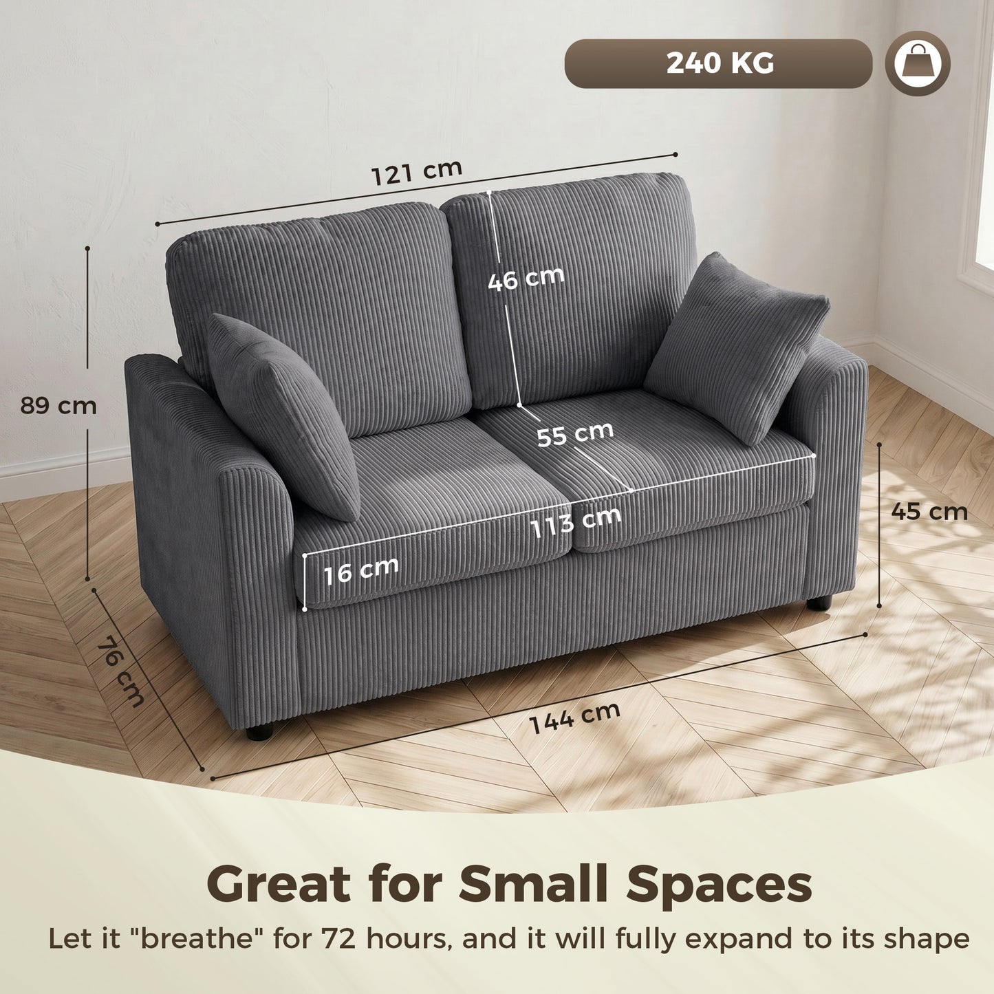 HOMCOM 2 Seater Sofa Corduroy Small Couch With Spring Cushion Wide Deep Seat Dark Grey