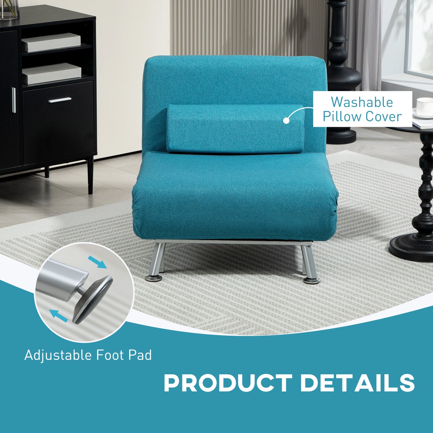HOMCOM Single Linen Feel Sleeper Chair Dark Blue Three In One Convertible Chair To Chaise And Bed