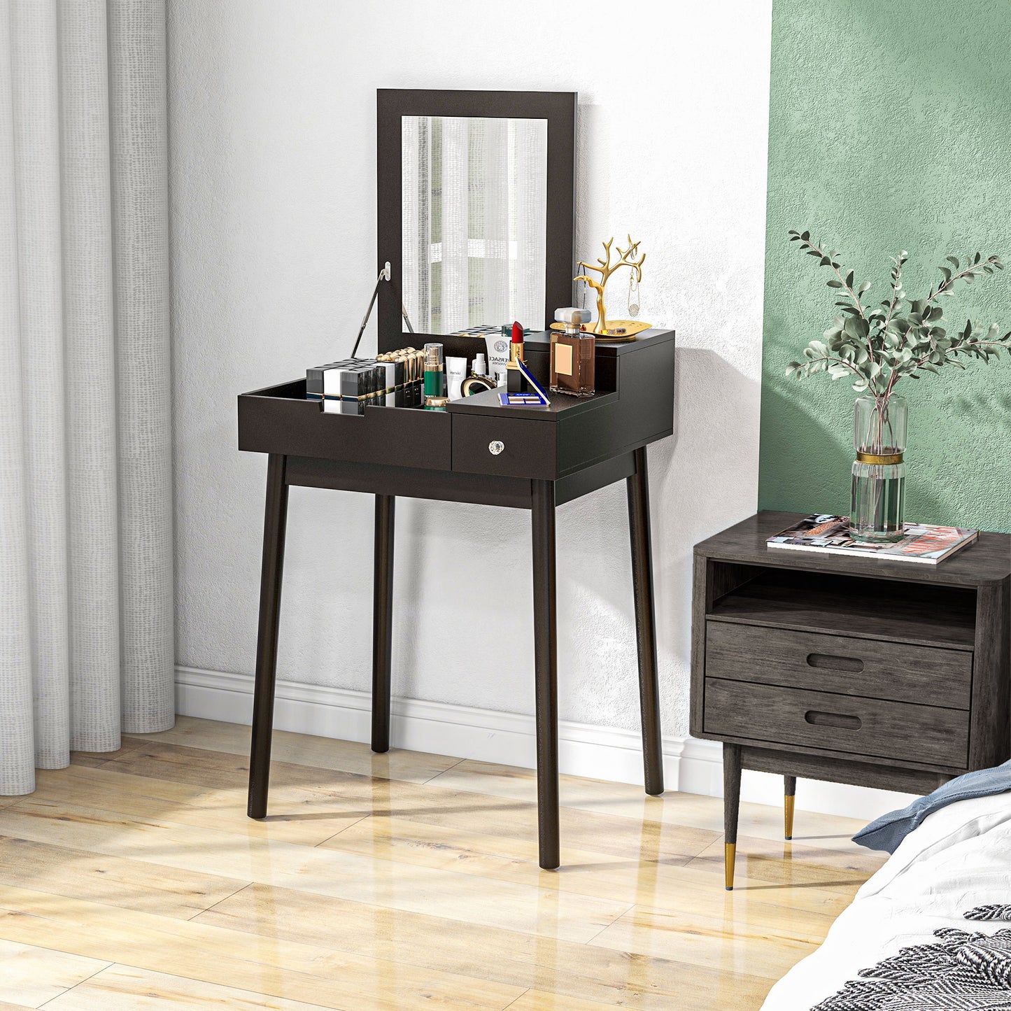 HOMCOM Dressing Table With Flip Up Mirror Two Drawers Pine Wood Legs Vanity Desk For Bedroom And Living Room Black