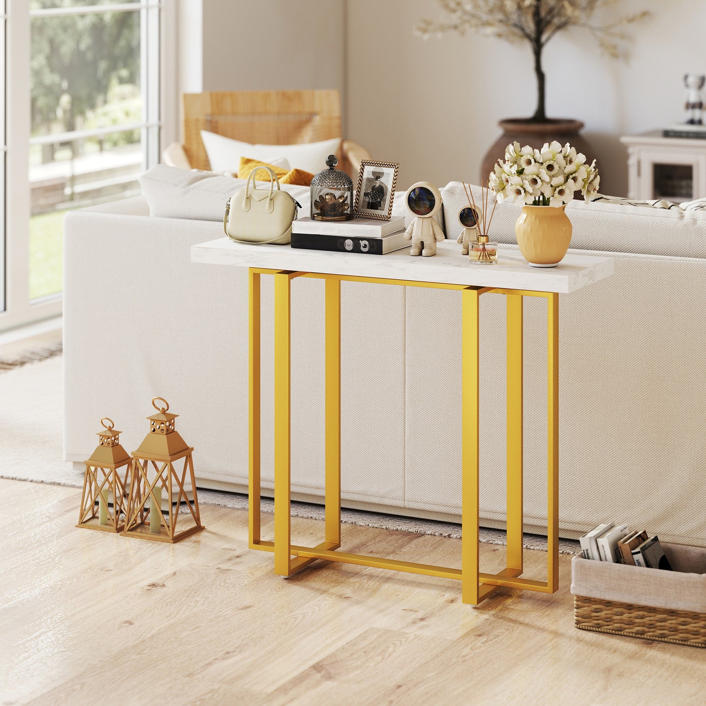 HOMCOM Console Table With Faux Marble Top 100 Cm Narrow Entryway Table Anti Tipping Device Steel Frame White