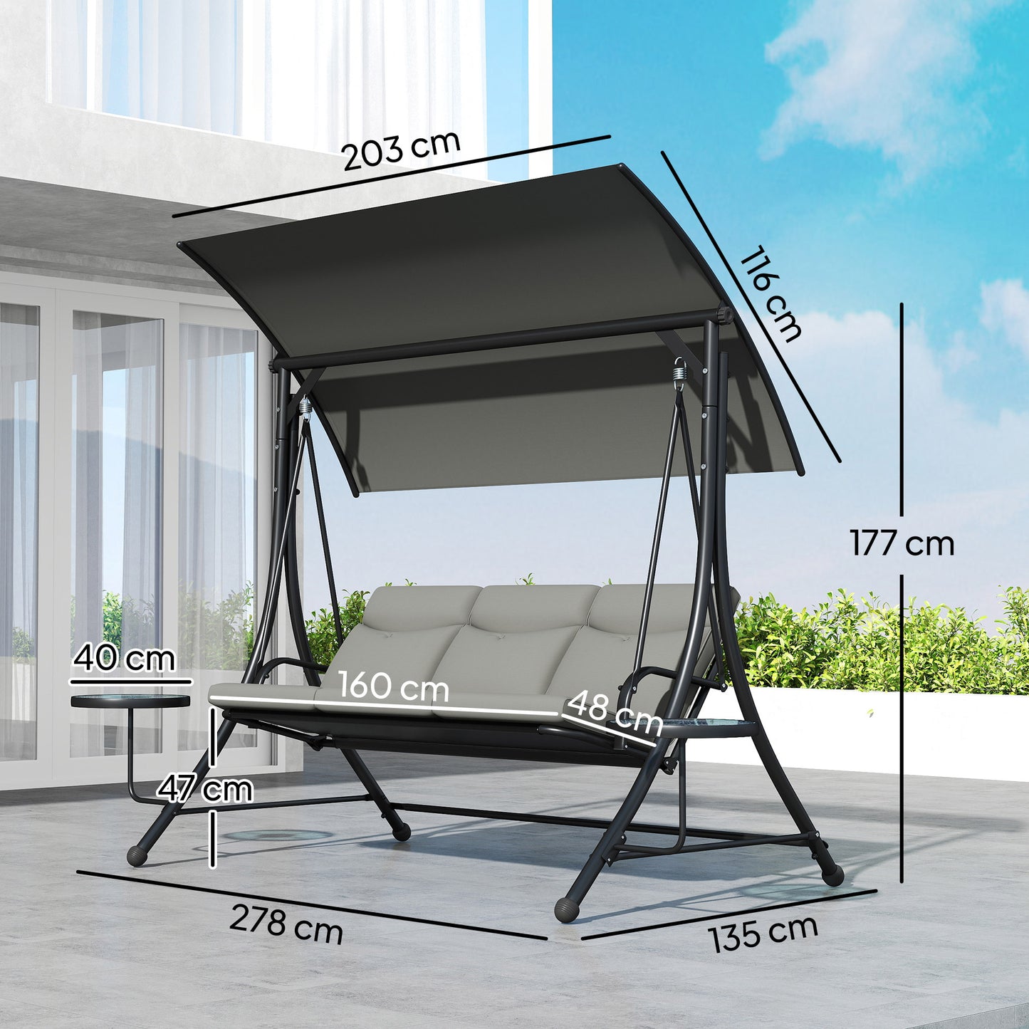 Outsunny Three Seater Garden Swing with Adjustable Canopy Black Grey Cushioned Seat and Back