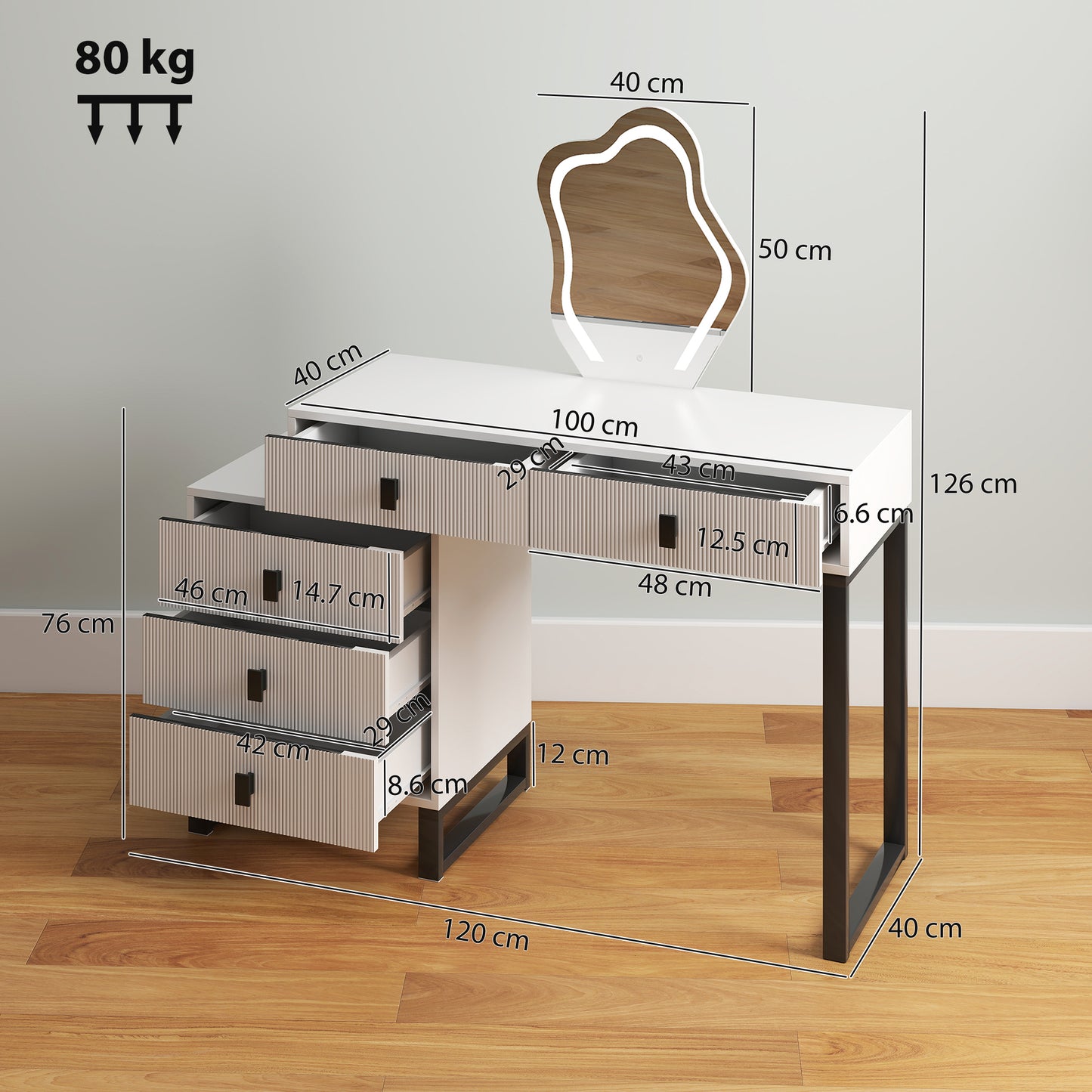 HOMCOM Dressing Table Vanity Desk With Leaf Shape Mirror 5 Drawers 3 Color LED Lights 100x40cm Tabletop White