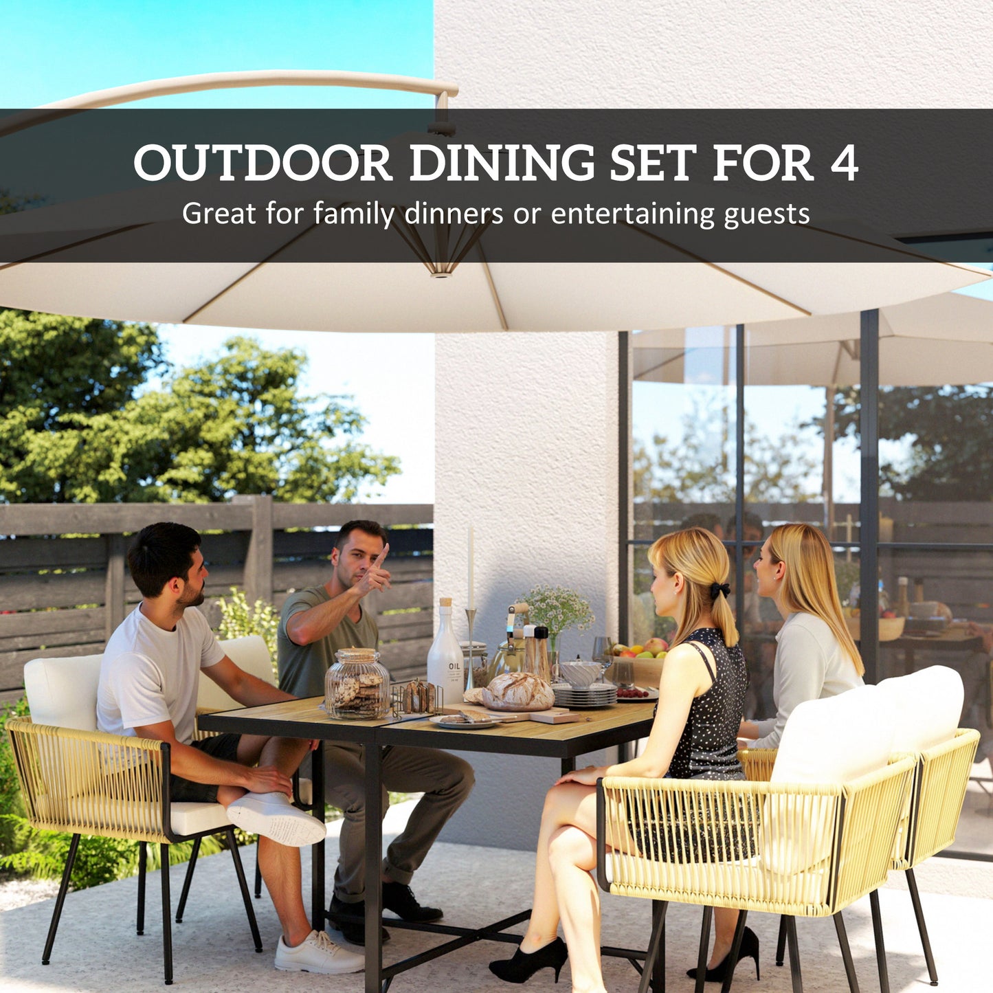 Outsunny 5 Piece Garden Furniture Set With Wood Plastic Table And Four Armchairs Beige Outdoor Dining Set
