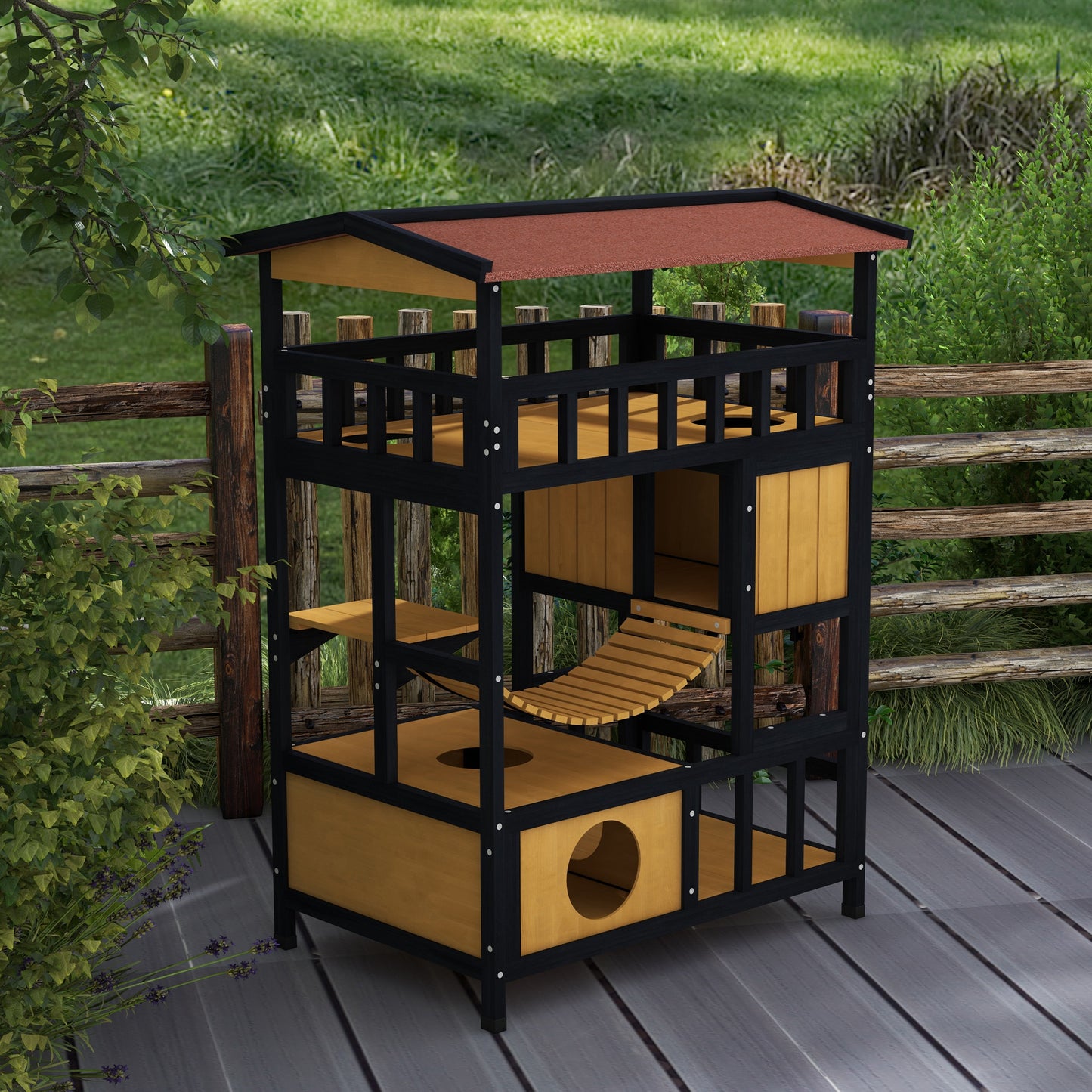 PawHut Multi-Level Outdoor Cat Playground with Suspension Bridge and Escape Routes - ALL4U RETAILER LTD