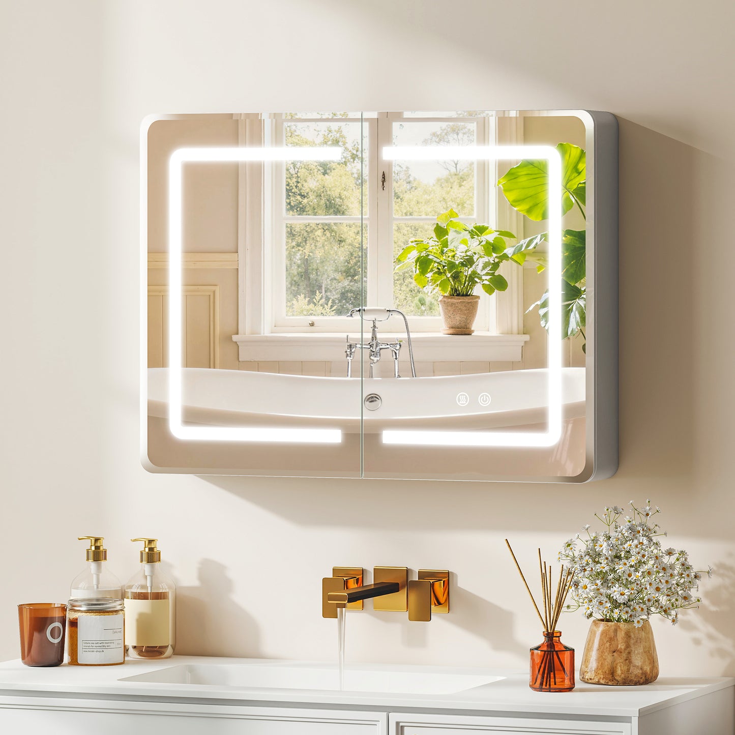 HOMCOM Mirrored Bathroom Cabinet With LED Lights 60 x 80 cm Anti Fog Mirror Cabinet With 3 Colour Dimmable Lighting