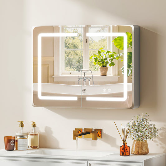 HOMCOM Mirrored Bathroom Cabinet With LED Lights 60 x 80 cm Anti Fog Mirror Cabinet With 3 Colour Dimmable Lighting
