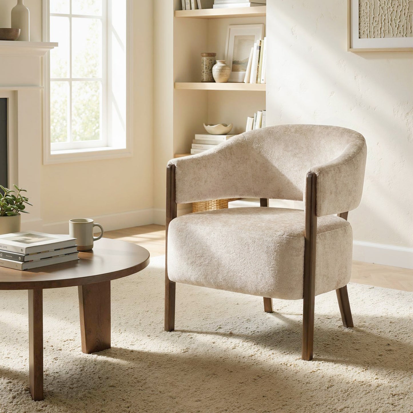 HOMCOM Chenille Upholstered Accent Chair With Wide Seat And Solid Wood Frame Beige Living Room Tub Chair Armchair