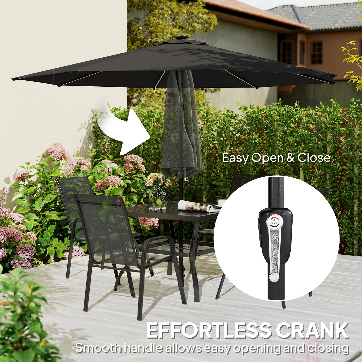 Outsunny 3m Garden Parasol Umbrella With 112 Solar Powered LED Lights USB Charging Crank Handle Black