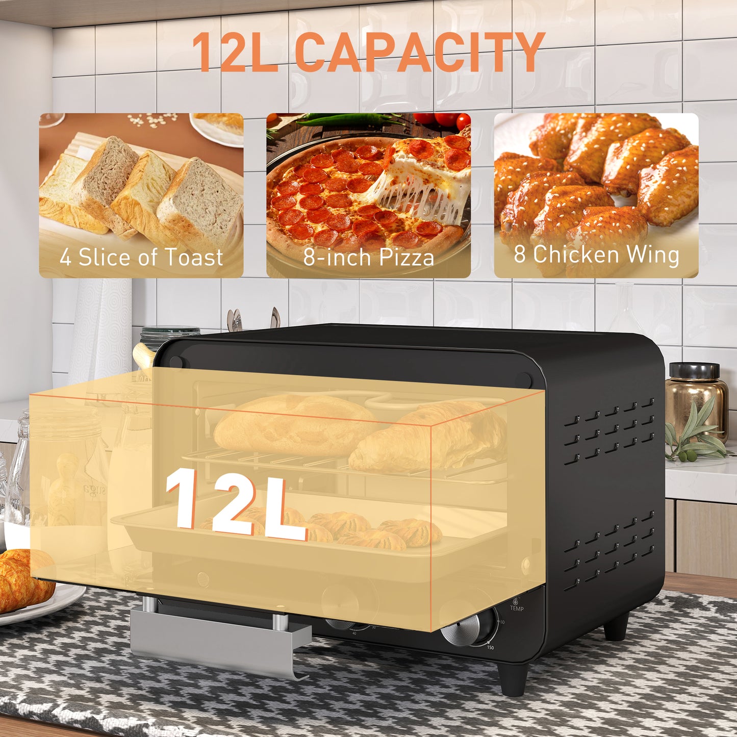 HOMCOM 12L Multifunction Mini Countertop Toaster Oven With Glass Door Adjustable Temperature And Timer Black