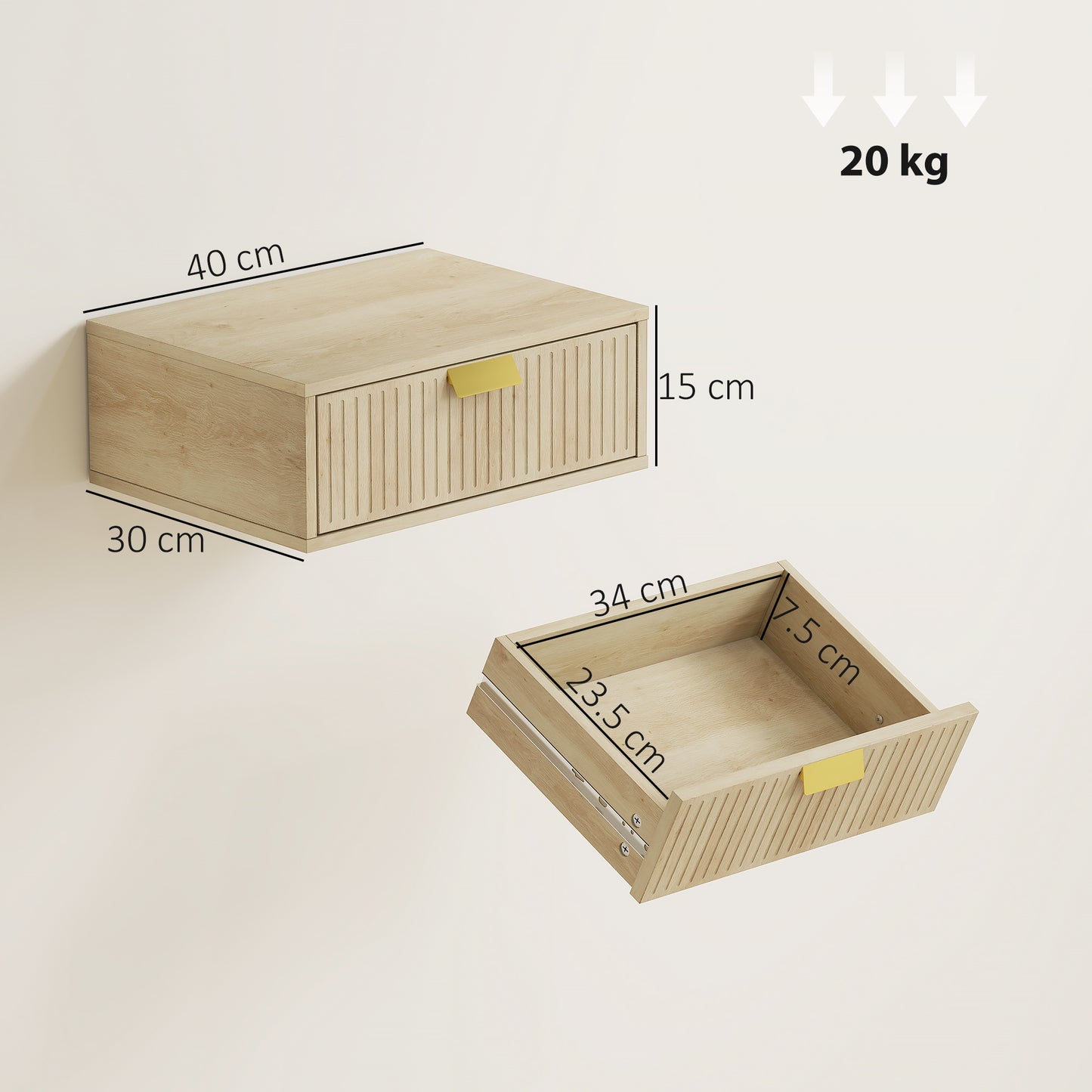 HOMCOM Modern Floating Nightstands Set of 2 Wall Mounted Bedside Tables with Wave Drawer Oak Finish