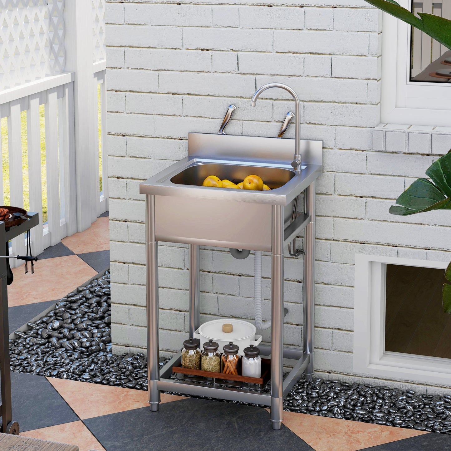 HOMCOM Outdoor Stainless Steel Utility Sink With Free Standing Single Bowl And Storage Shelf Hot And Cold Water