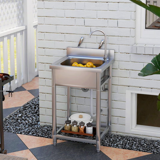 HOMCOM Outdoor Stainless Steel Utility Sink With Free Standing Single Bowl And Storage Shelf Hot And Cold Water