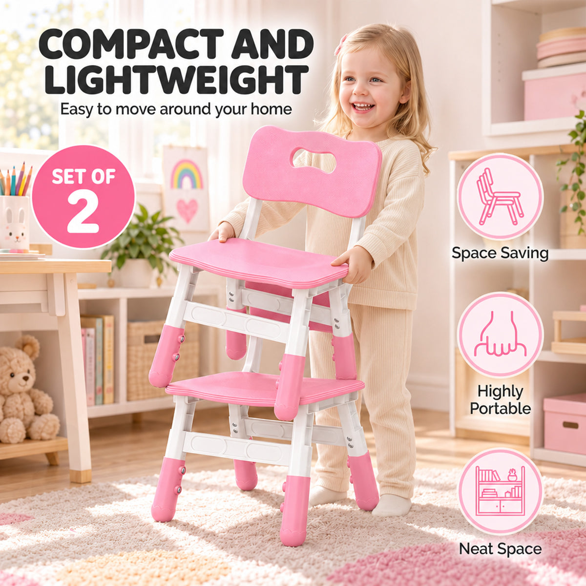 Pink set of 2 kids chairs with backrest, white frame, compact lightweight design.