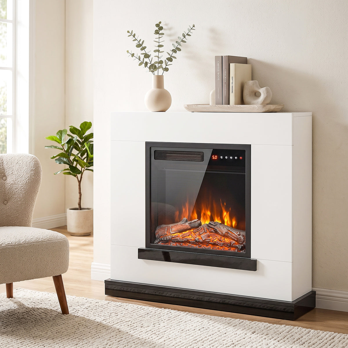 White freestanding electric fireplace console with black glass front and flame view