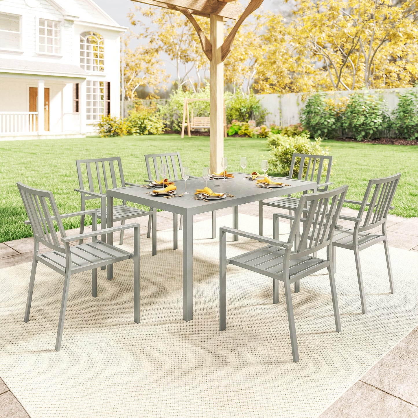 Outsunny 7 Piece Outdoor Dining Table And Chairs Set With 6 Stackable Chairs Umbrella Hole Light Grey