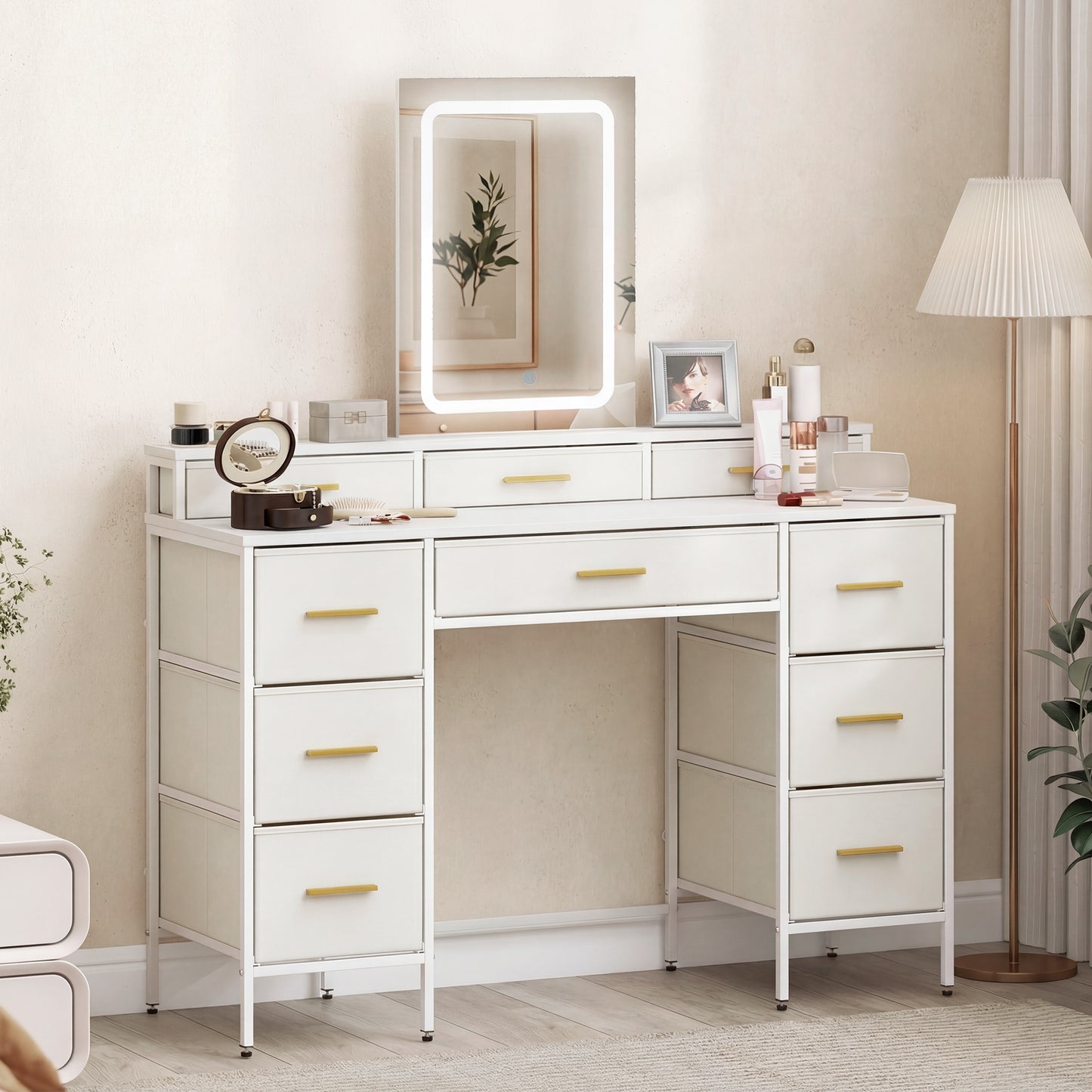 HOMCOM Multi Storage Elegant Dressing Table With LED Mirror In White Finish And Gold Tone Handles