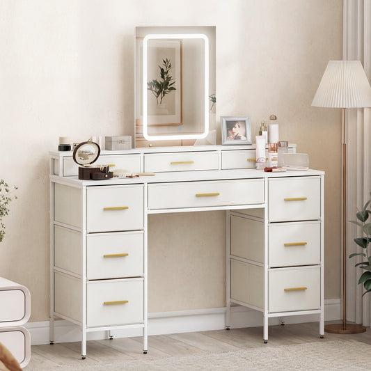 HOMCOM Multi Storage Elegant Dressing Table With LED Mirror In White Finish And Gold Tone Handles