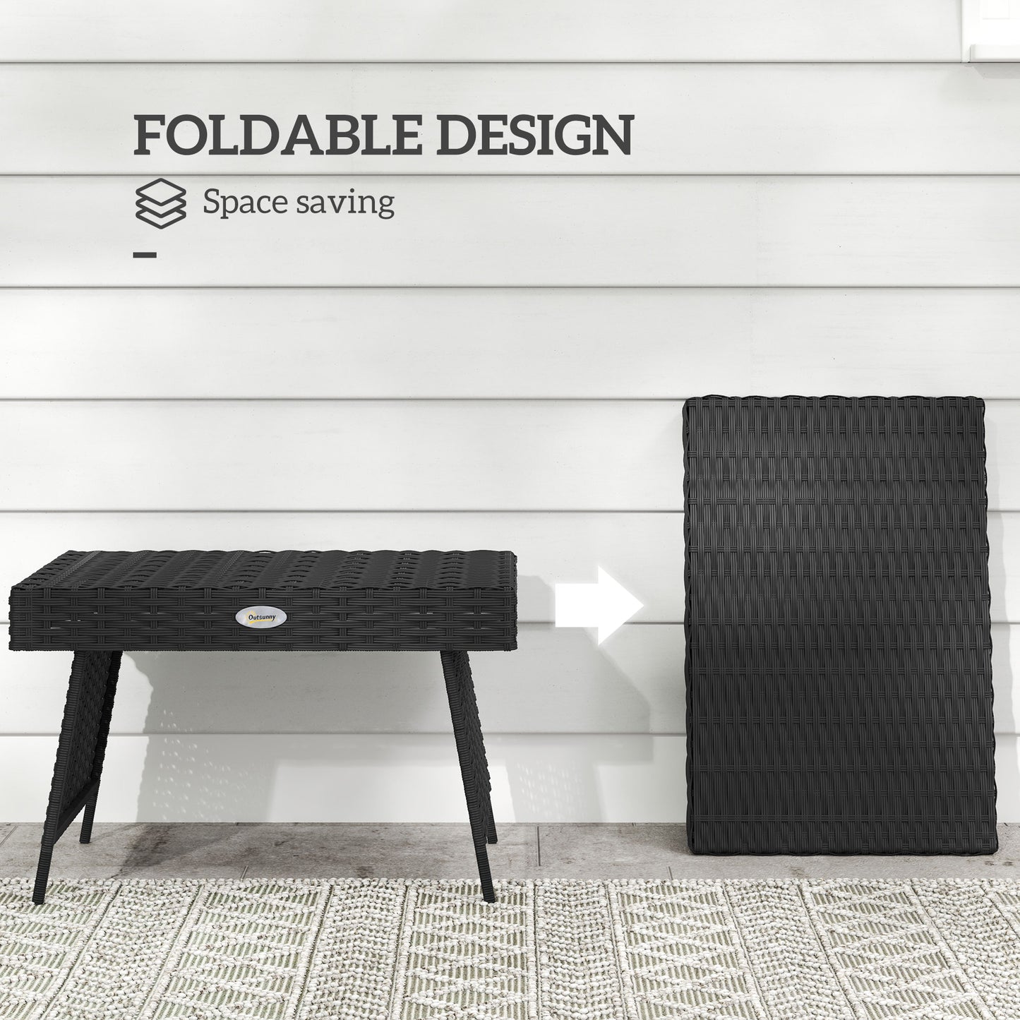 Outsunny Foldable Outdoor Side Table Rattan Garden Table With Steel Frame Space Saving Patio Balcony Black 60x41x41 Cm
