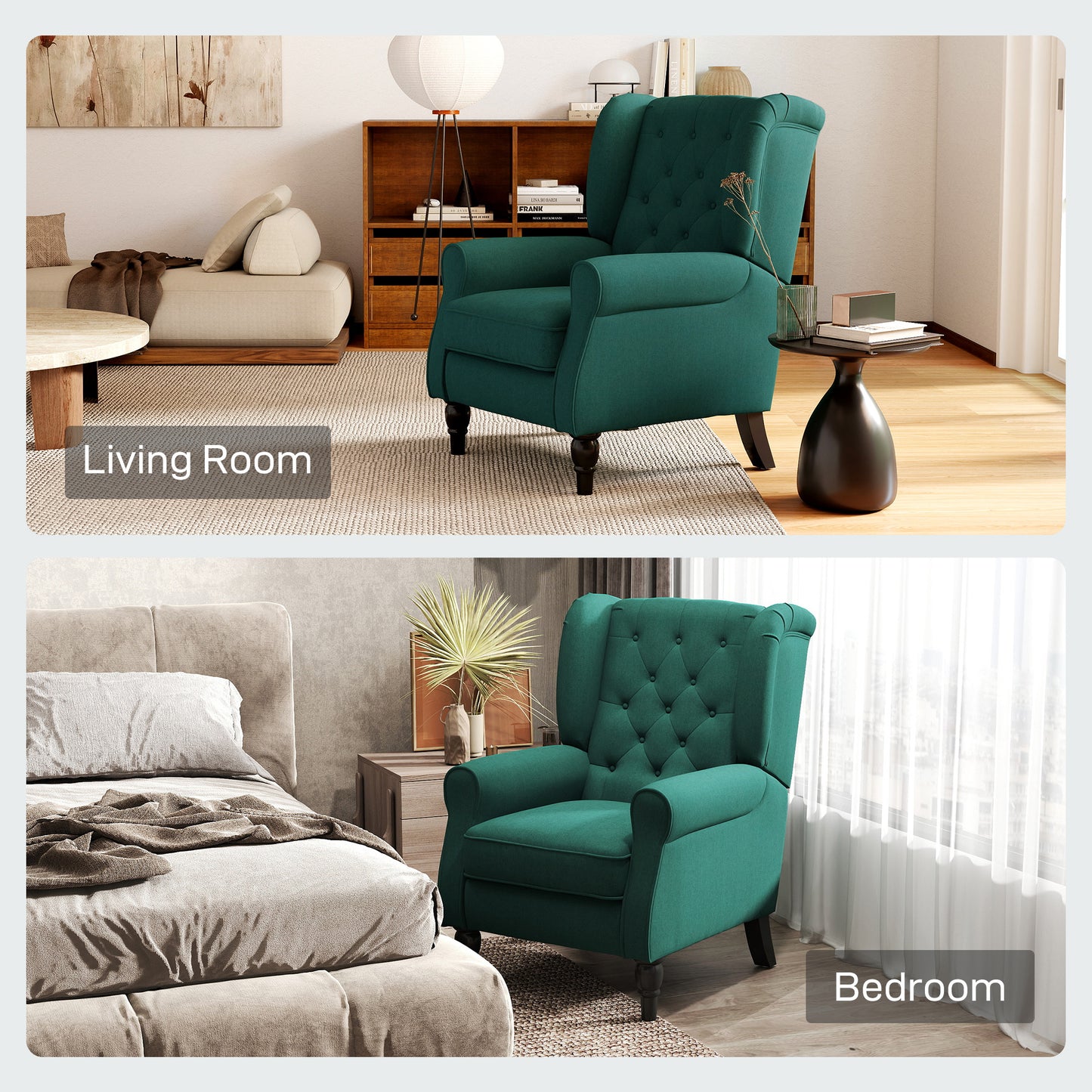 HOMCOM Wingback Accent Chair Retro Upholstered Button Tufted Occasional Chair For Living Room And Bedroom Dark Green