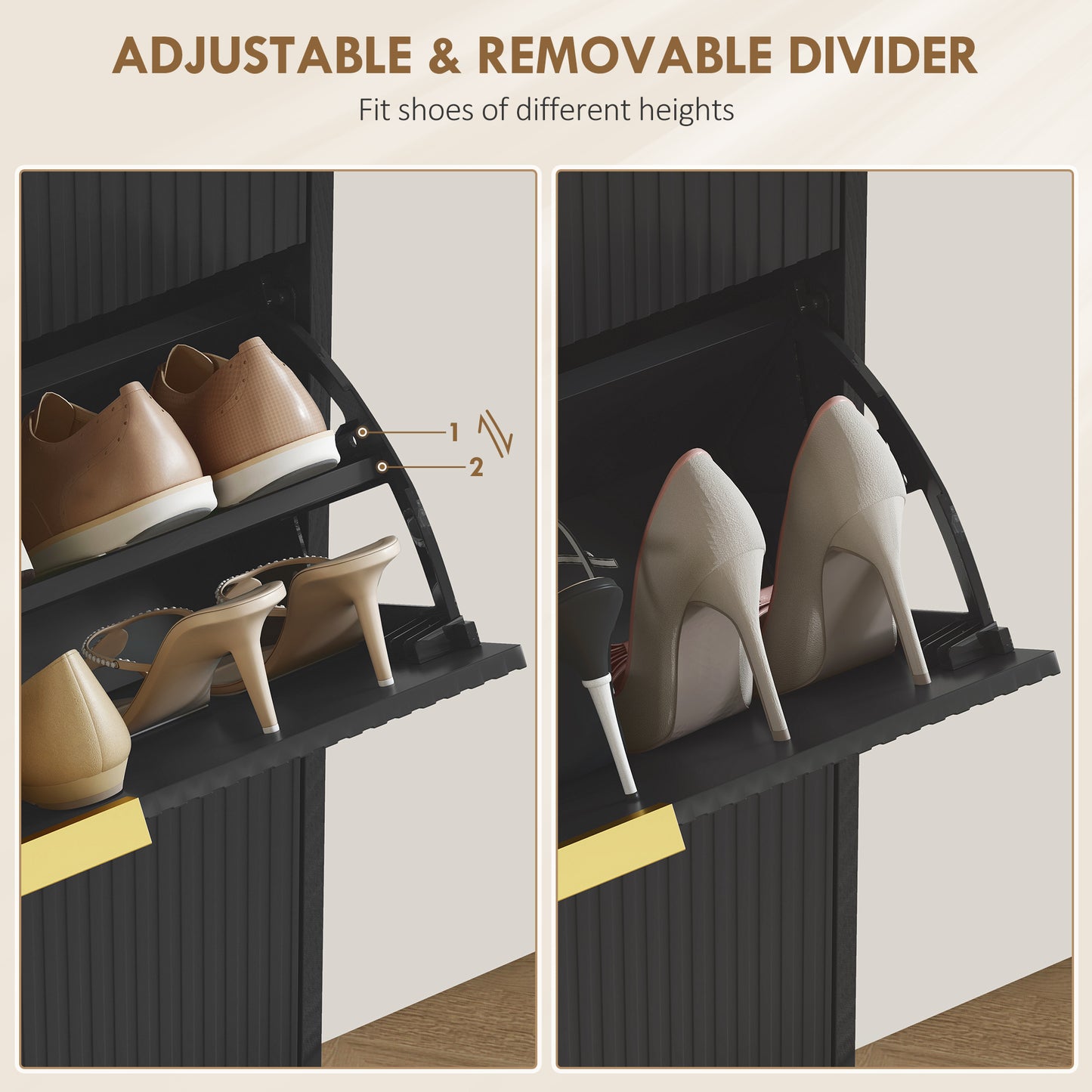HOMCOM Elegant White Three Drawer Shoe Cabinet With Gold Accents Holds 9 To 18 Pairs And Adjustable Shelves