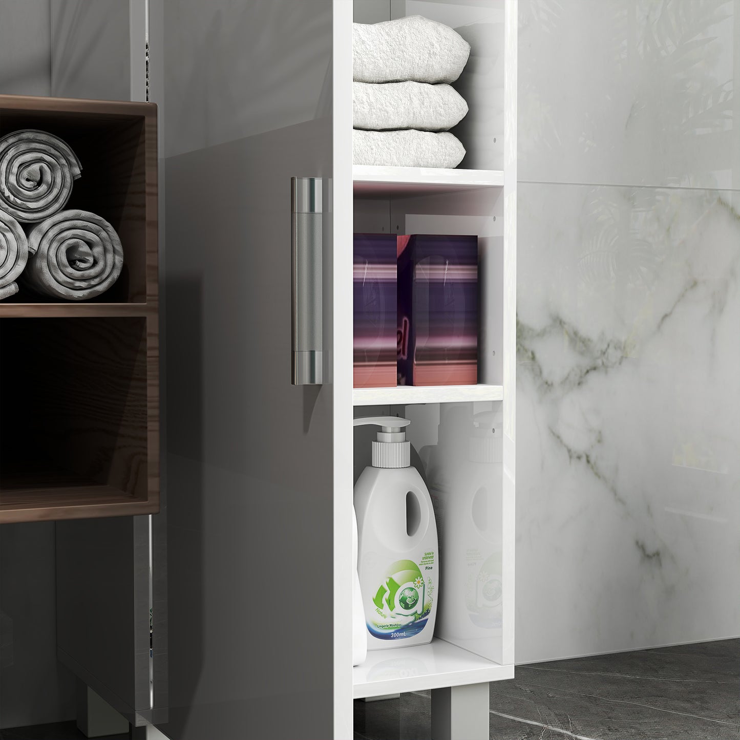 HOMCOM Tall Freestanding White High Gloss Bathroom Cabinet With Adjustable Shelves And Double Doors