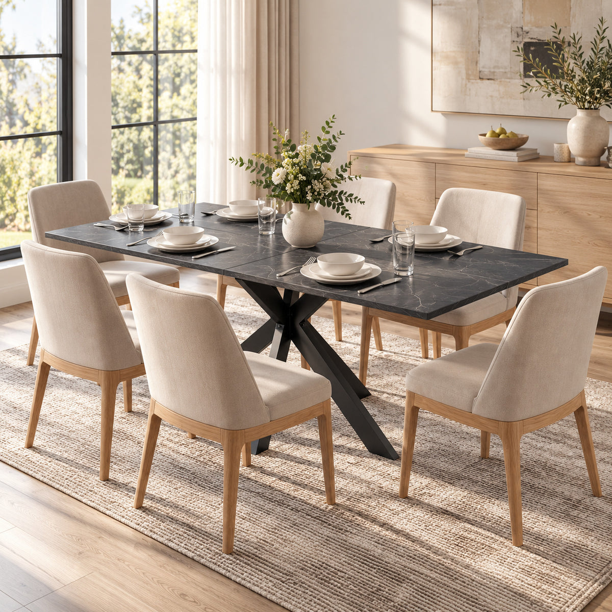 Extendable black marble-finish dining table with chairs and place settings
