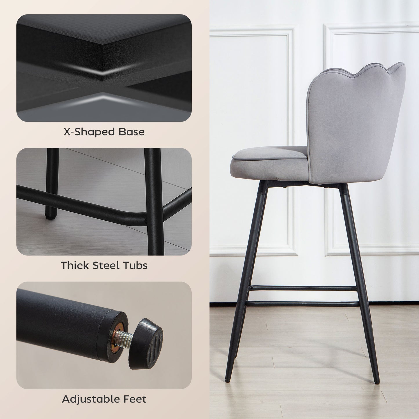 HOMCOM Set Of Two VelvetFeel Lotus Back Bar Stools Grey With HighDensity Foam And Steel Frame
