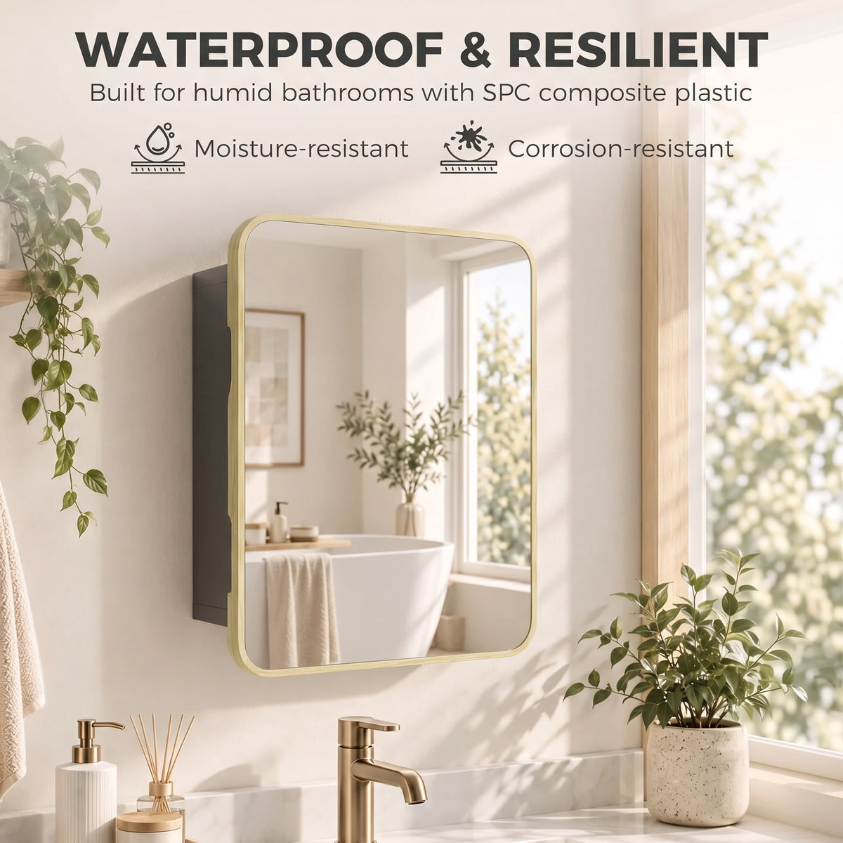 Wall medicine cabinet with mirrored door and natural wood frame