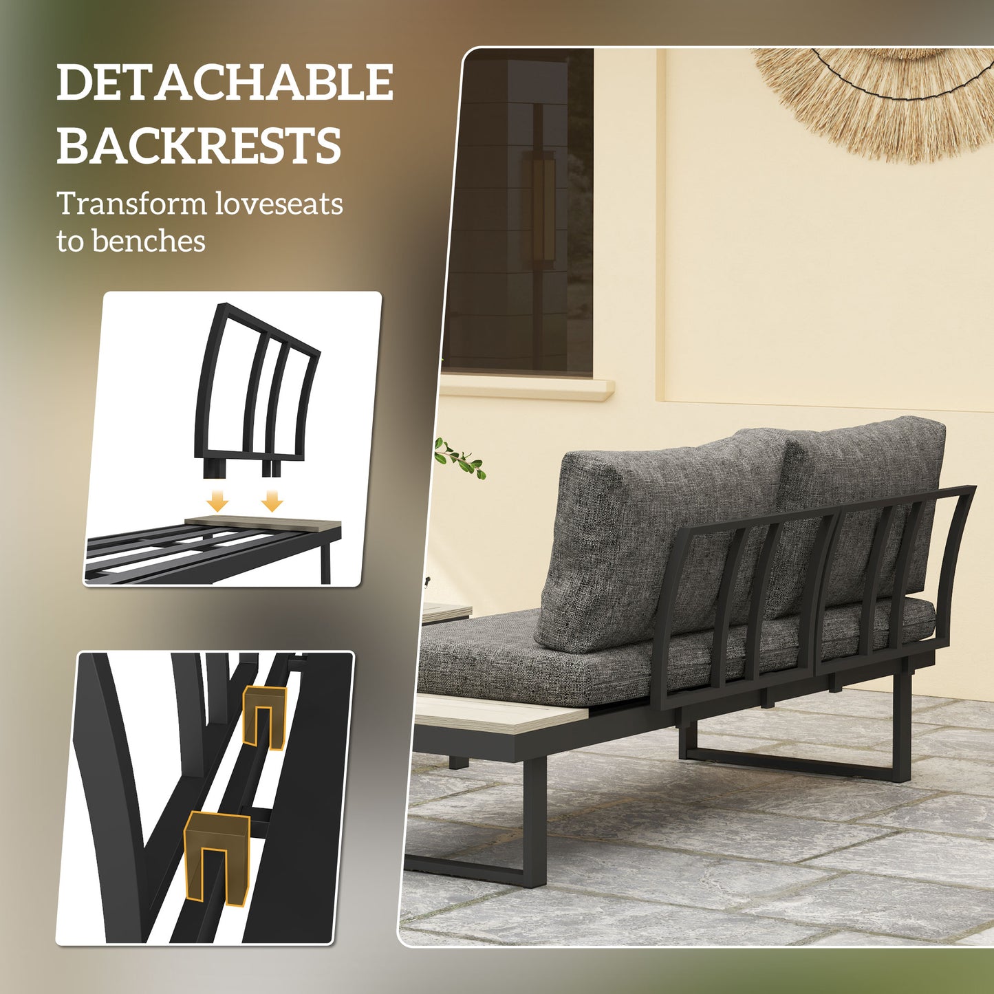 Outsunny 4 Seater L Shaped Aluminium Garden Furniture Set With 2 Loveseats And Wood Plastic Coffee Table Dark Grey