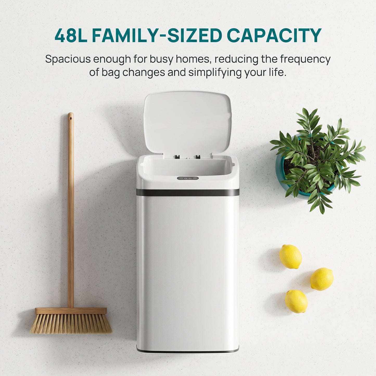 HOMCOM 48L Stainless Steel Sensor Bin With Infrared Touchless Lid White For Easy Family Kitchen Use