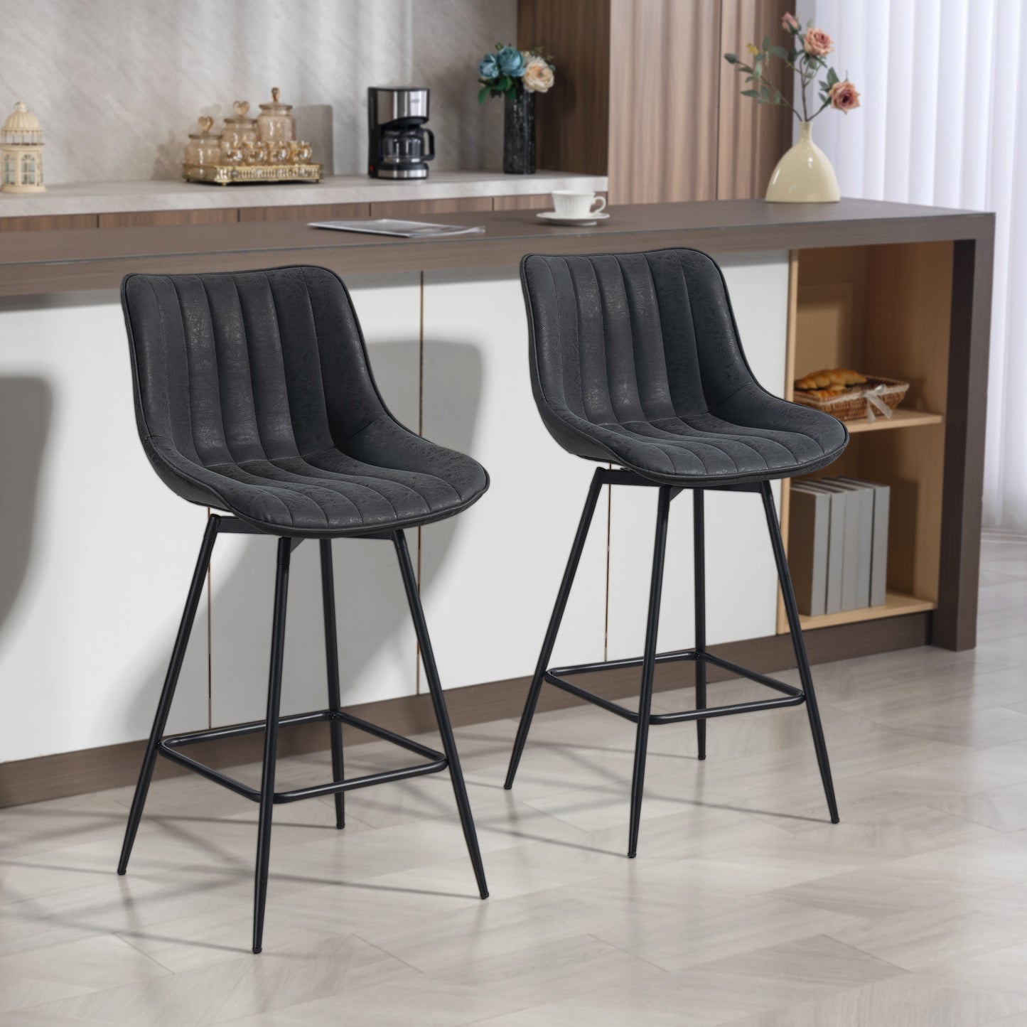 HOMCOM Set of 2 PU Leather Swivel Bar Stools Black 360 Degree Swivel Modern Pub Chairs