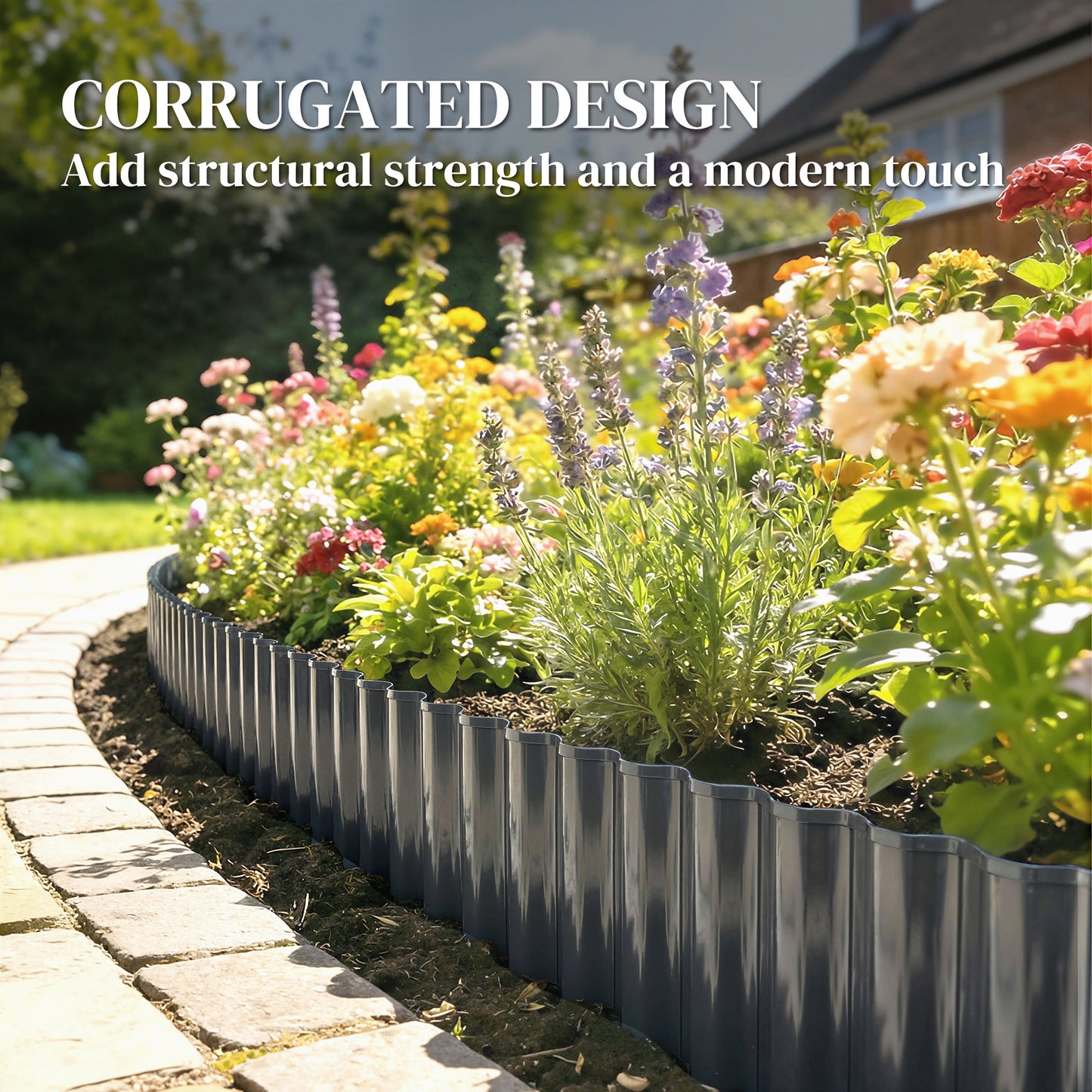 Outsunny Metal Garden Edging Border 8 Inch By 21.3 Foot Corrugated Heavy Duty Galvanized Steel Lawn Edging Dark Grey