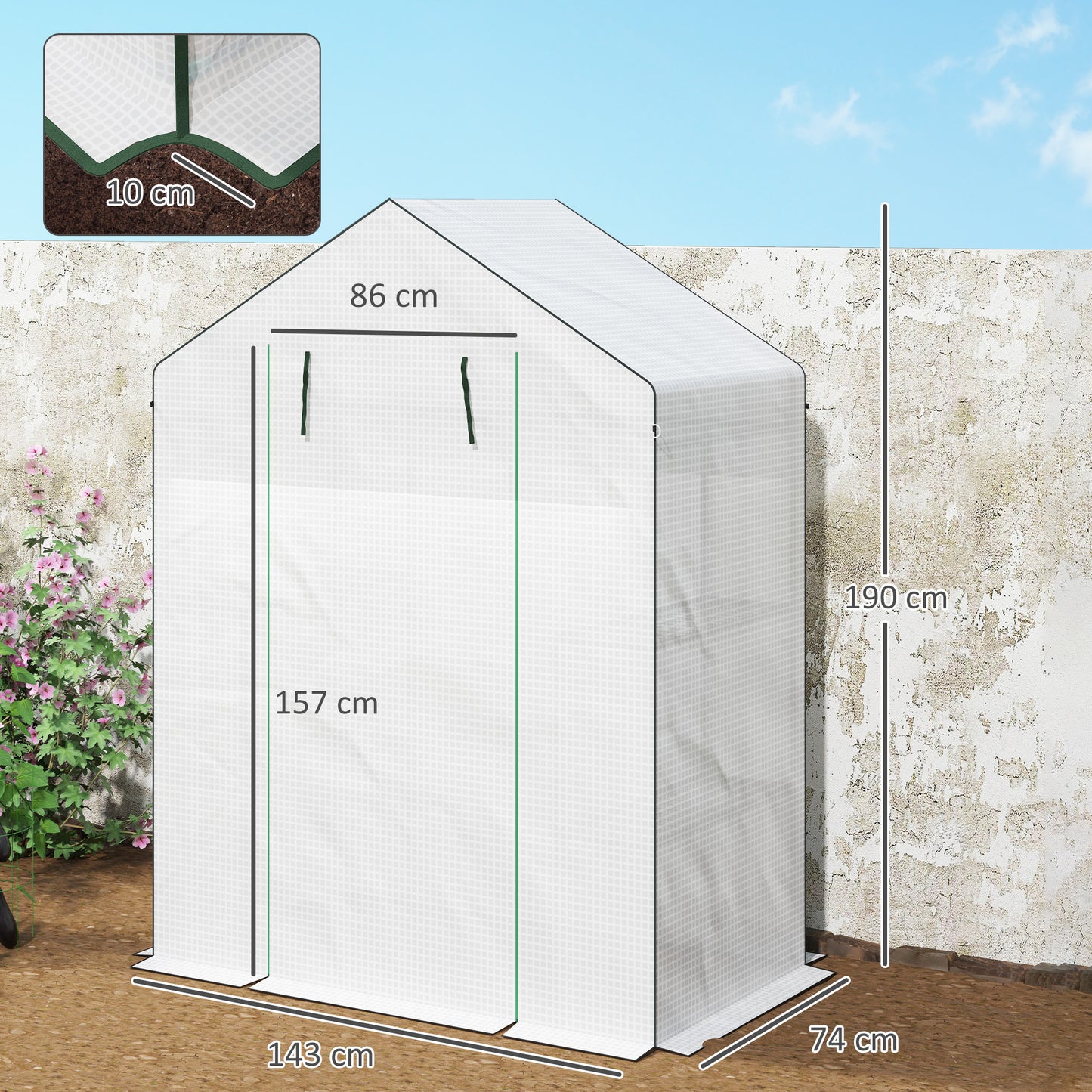 Outsunny Walk In Greenhouse 143 x 74cm With Shelves White UV Resistant Cover Roll Up Door