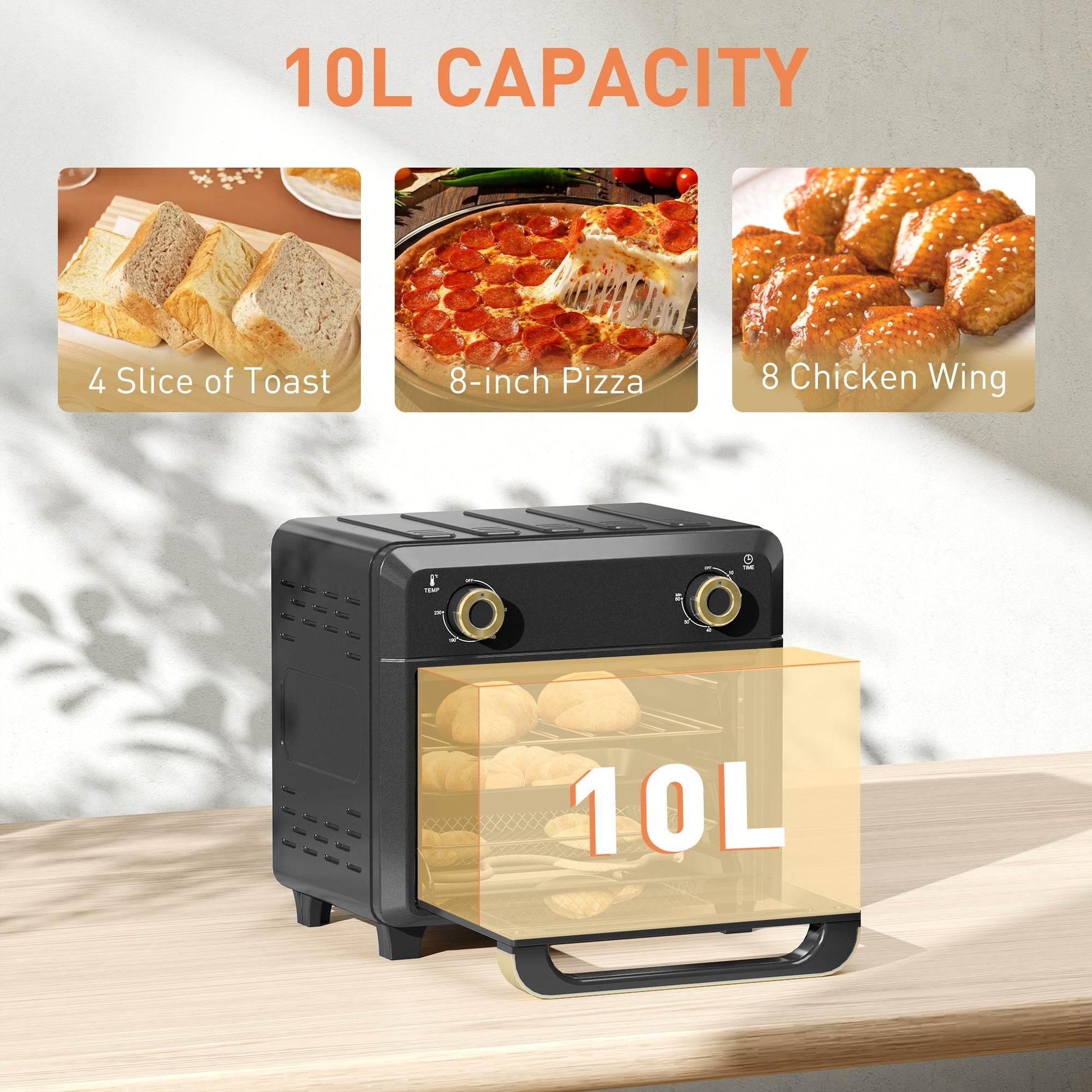 HOMCOM Compact 10L Air Fryer Oven - Versatile Mini Oven for Oil-Free Cooking, Grilling, Baking with Touch Screen Control, 1000W, Black - ALL4U RETAILER LTD