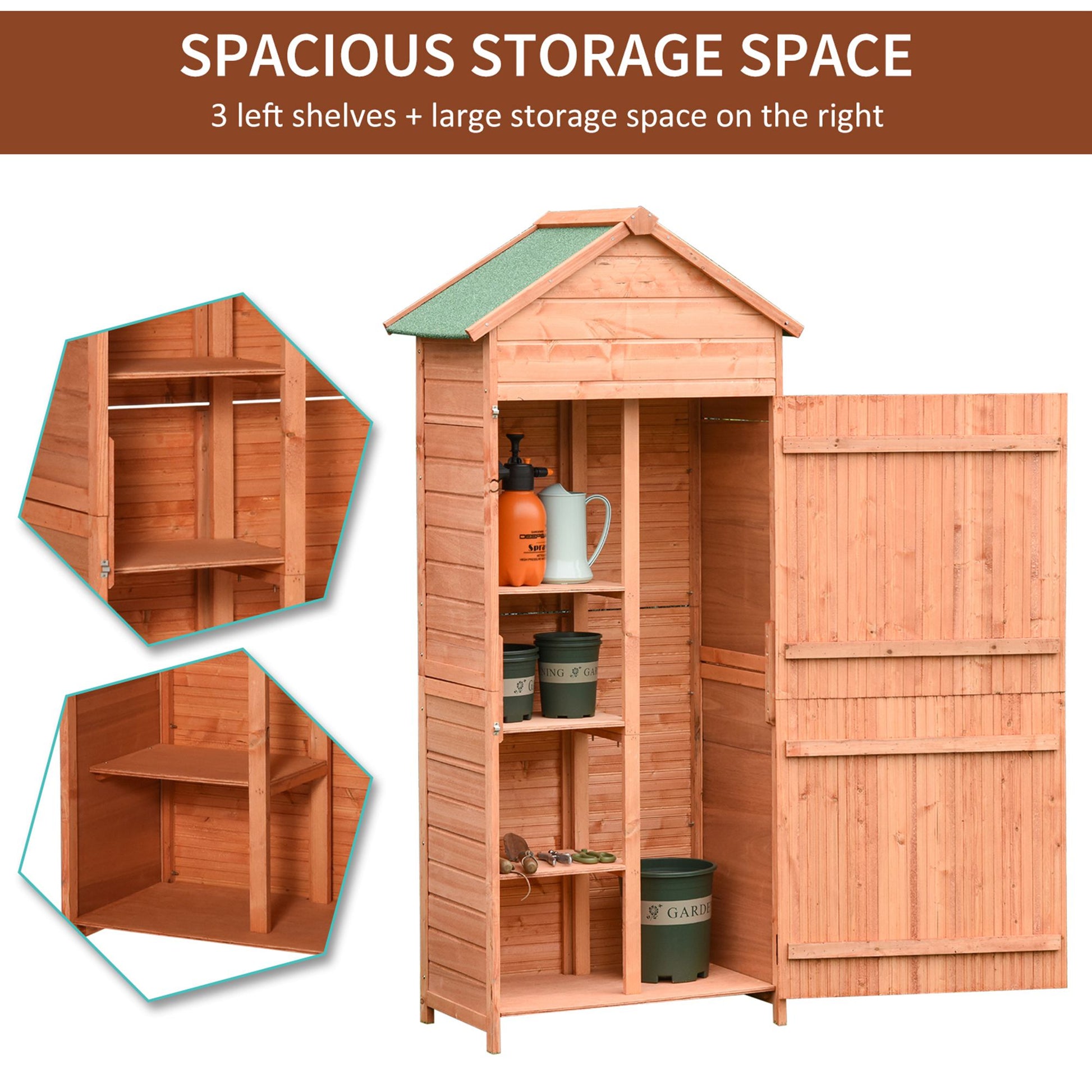 Outsunny Teak Wooden Garden Storage Shed with Apex Roof and Shelves - 89W x 50D (cm) - ALL4U RETAILER LTD