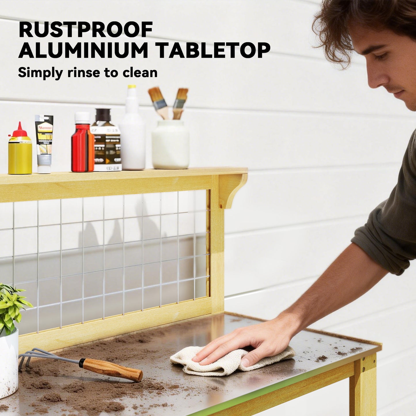 Outsunny Wooden Potting Bench Table With Aluminium Worktop Outdoor Garden Workbench Two Shelves