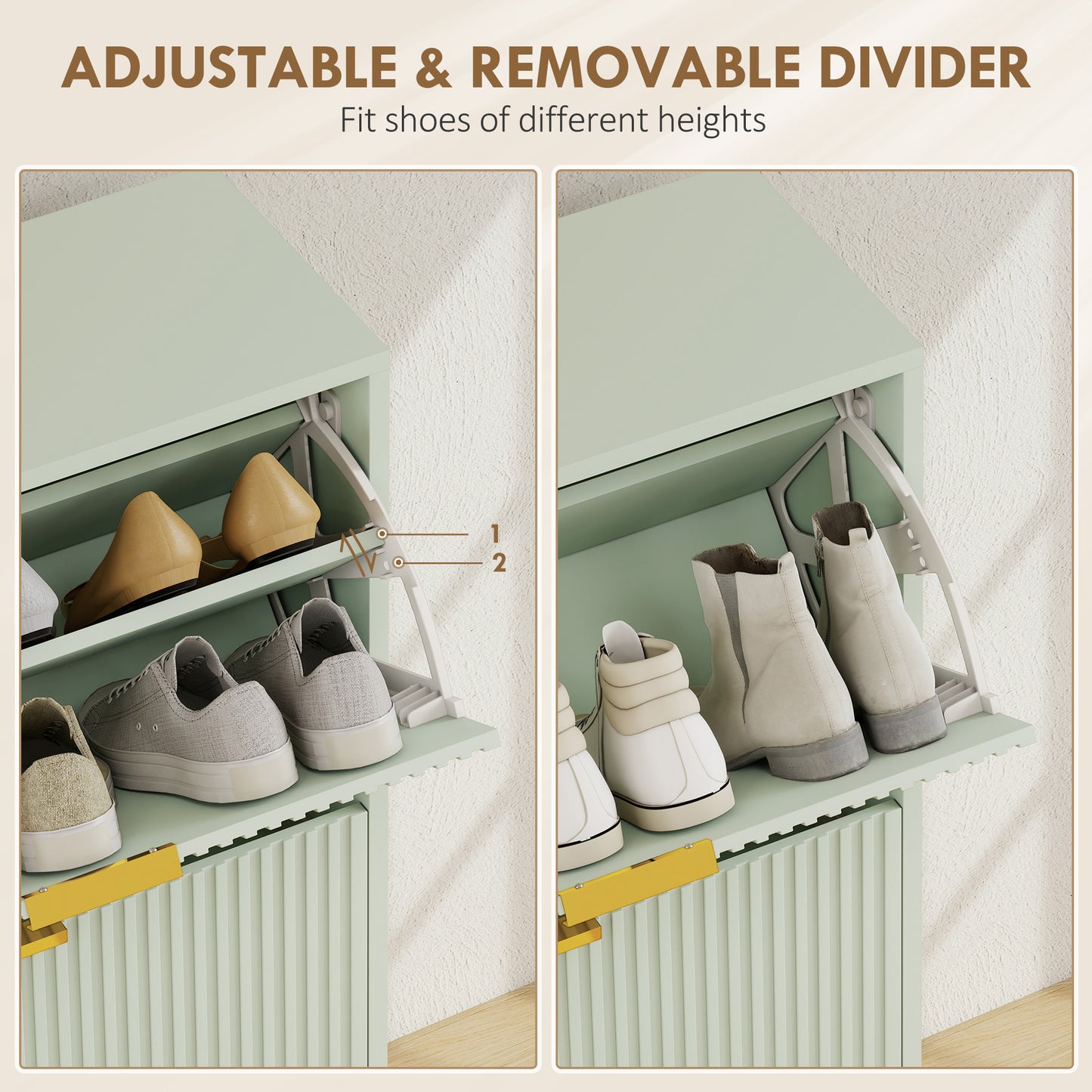 HOMCOM Elegant Two Drawer Shoe Cabinet In Light Green With Ridged Front Doors And Gold Accents Holds 6 to 12 Pairs