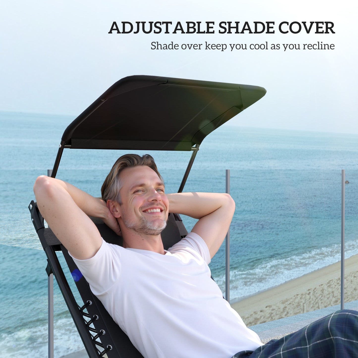 Outsunny Zero Gravity Lounger Chair Folding Recliner With Shade Cover Padded Seat Cup Holder For Poolside Camping Black