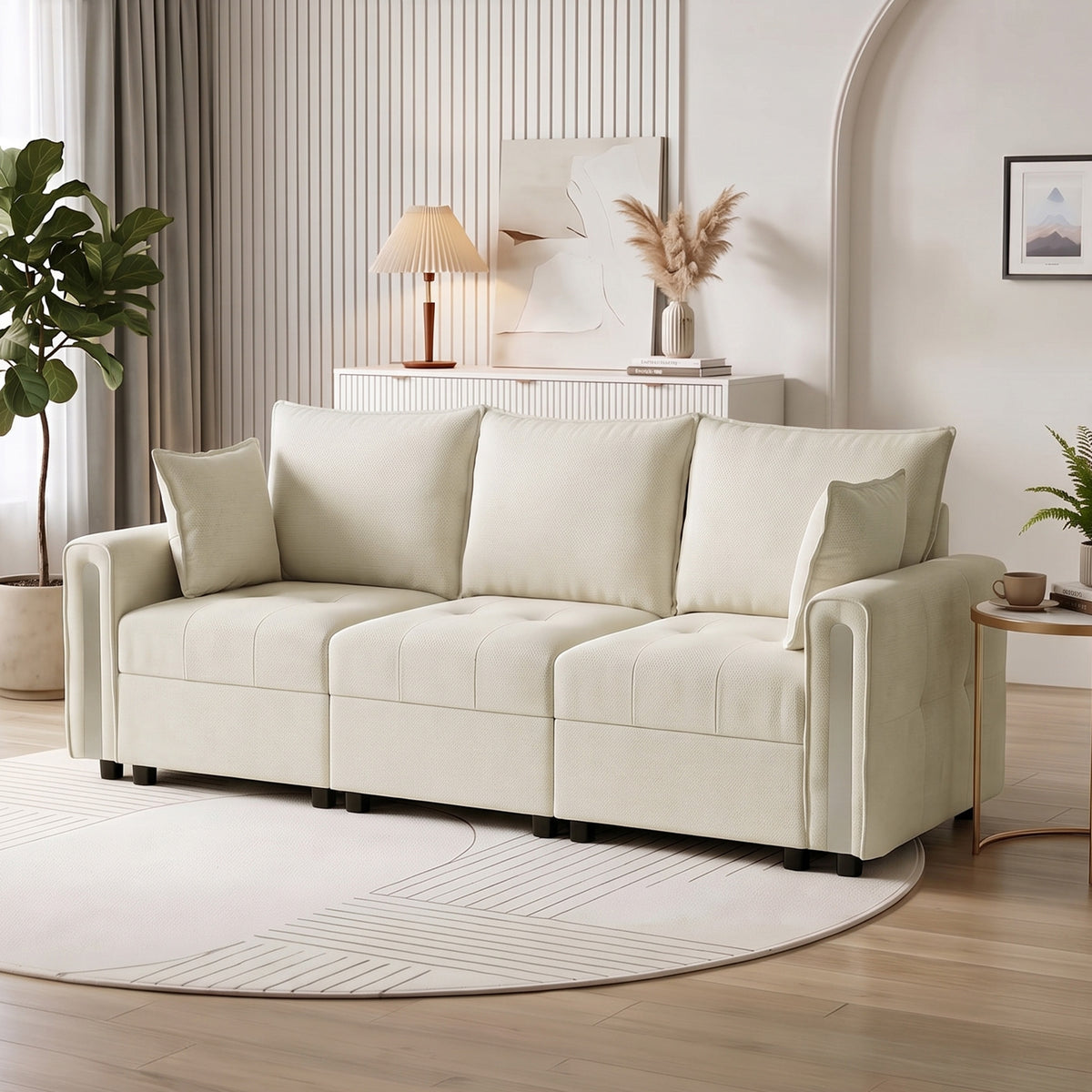 Beige 3-seat velvet sofa with tall back cushions and matching seat cushions