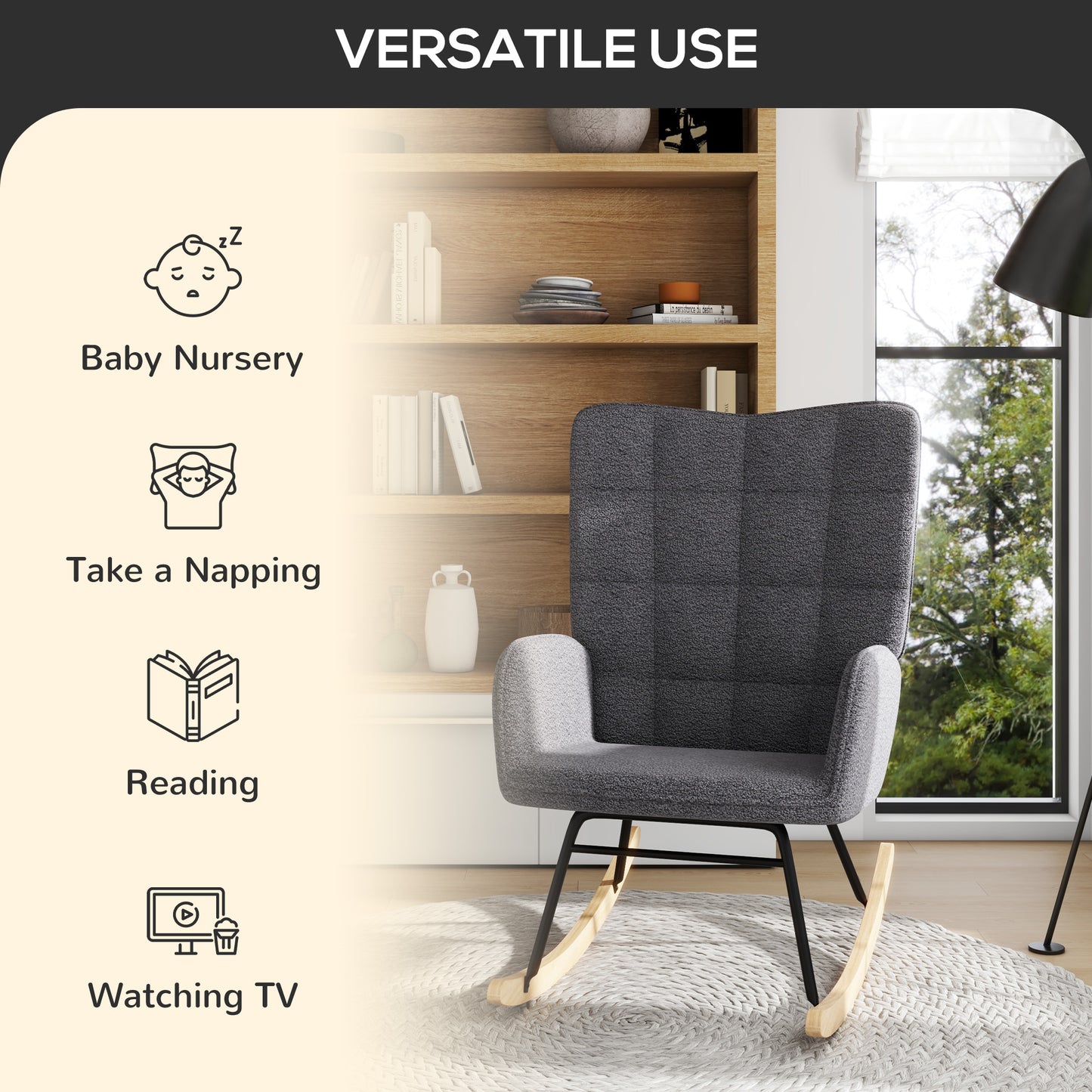 HOMCOM Living Room Furniture Set With Wingback Rocking Chair And Two Nesting Coffee Tables In White And Dark Grey