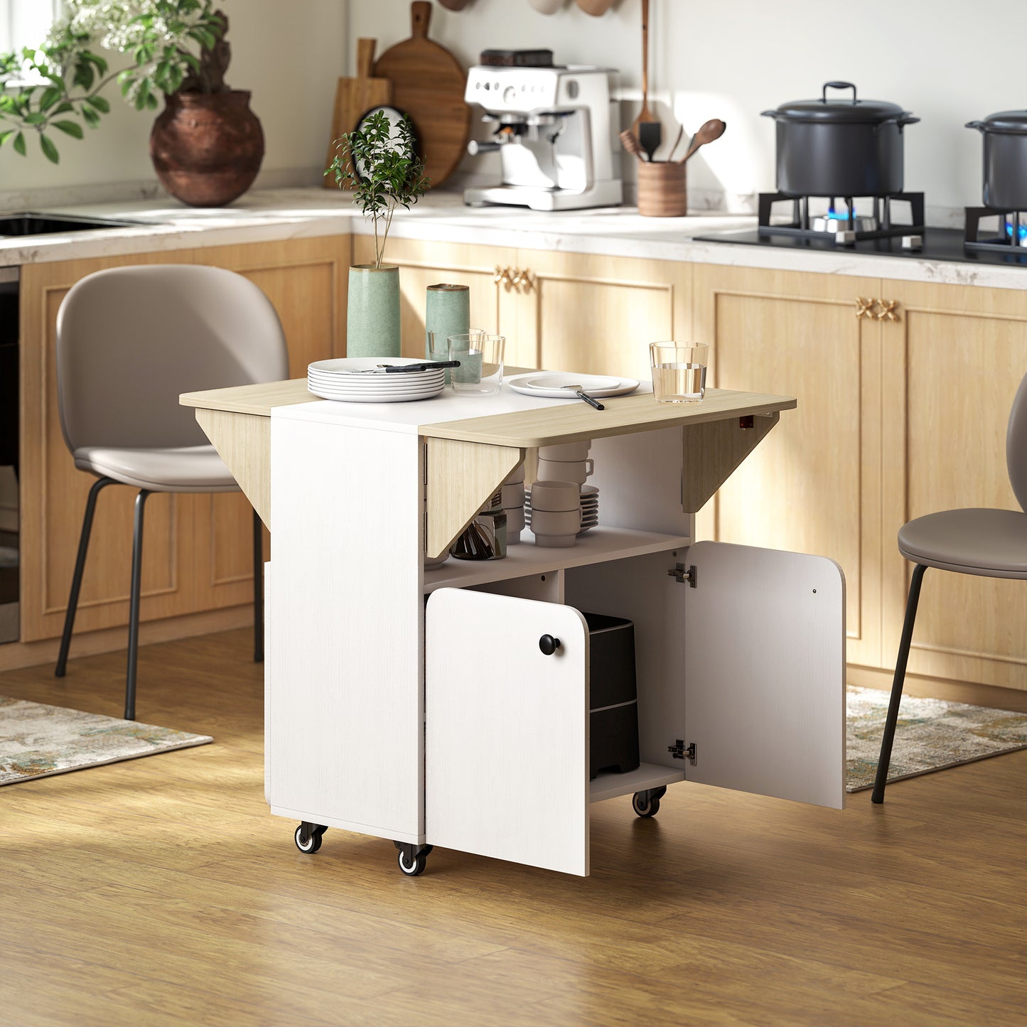 HOMCOM Folding Dining Table With Rolling Drop Leaf Hidden Shelf And Cabinet For Small Spaces White