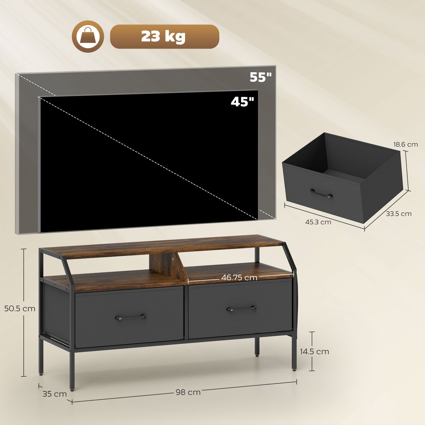 HOMCOM Industrial Style TV Stand Cabinet Brown For 55 Inch TV With Two Drawers Shelves And Side Pockets