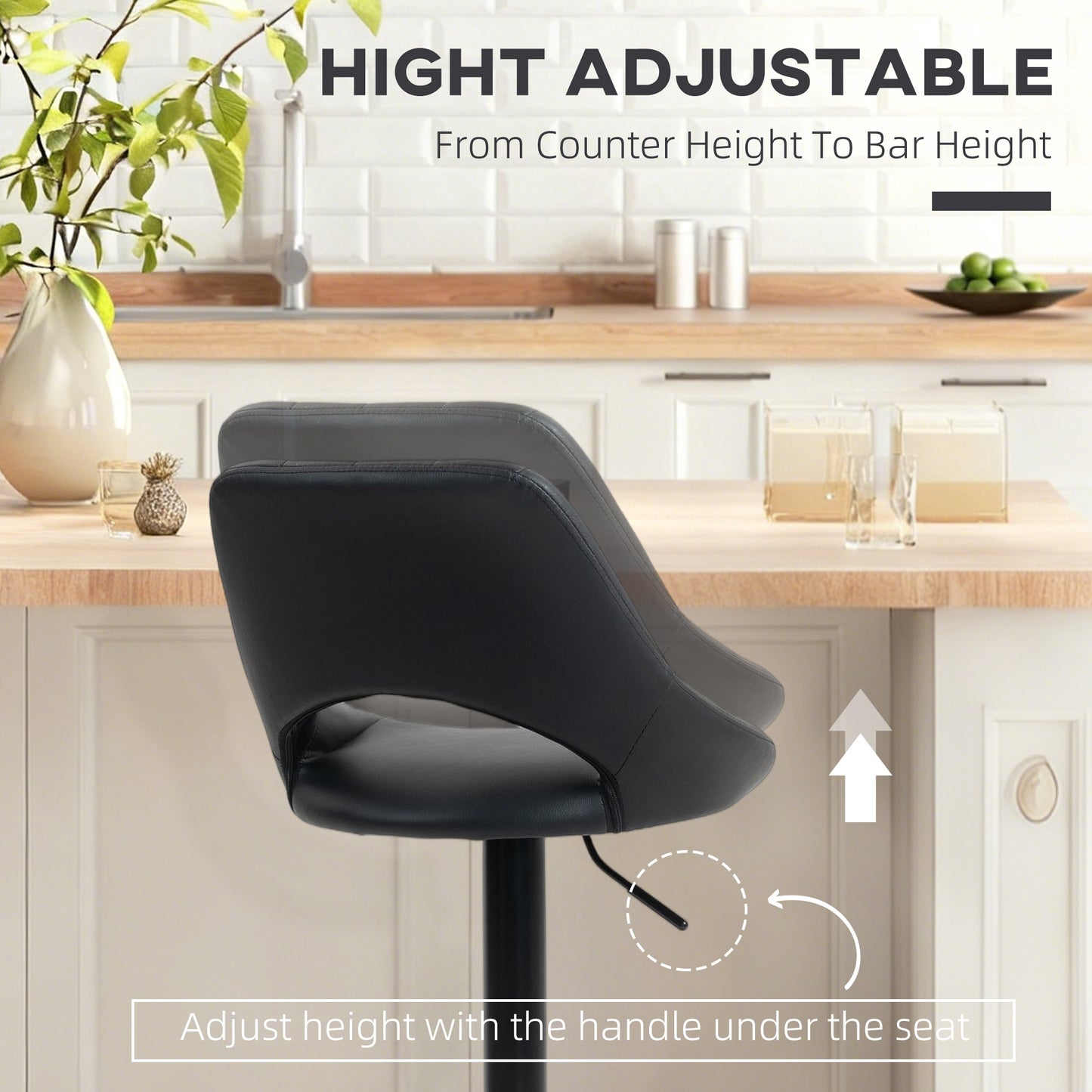 HOMCOM Set Of Two Faux Leather Bar Stools Black Adjustable Height 87 To 109 Cm Swivel 360 Degree For Kitchen Counter