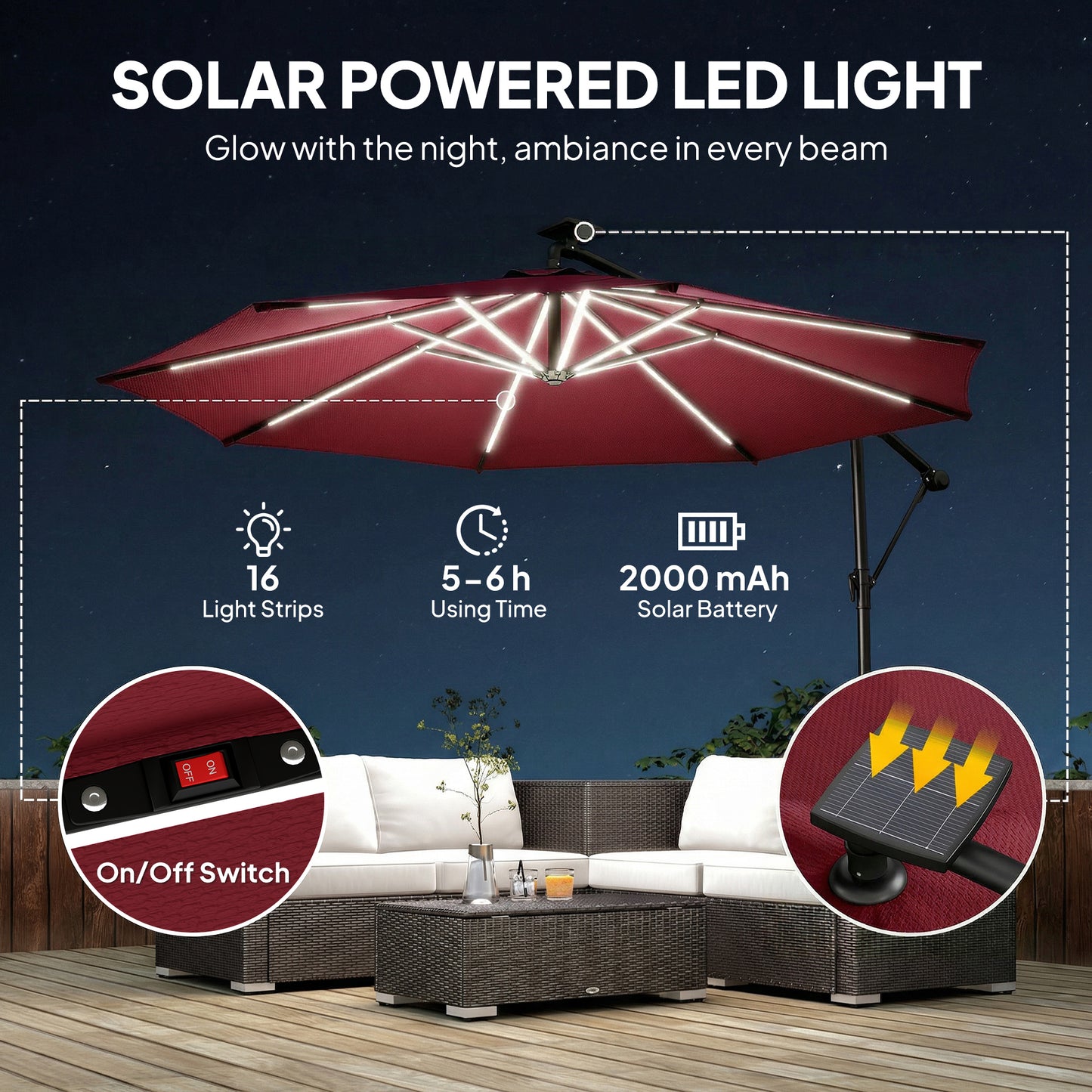 Outsunny 3 Meter Cantilever Garden Parasol With LED Solar Light And Cover Umbrella 360 Degree Rotation Wine Red