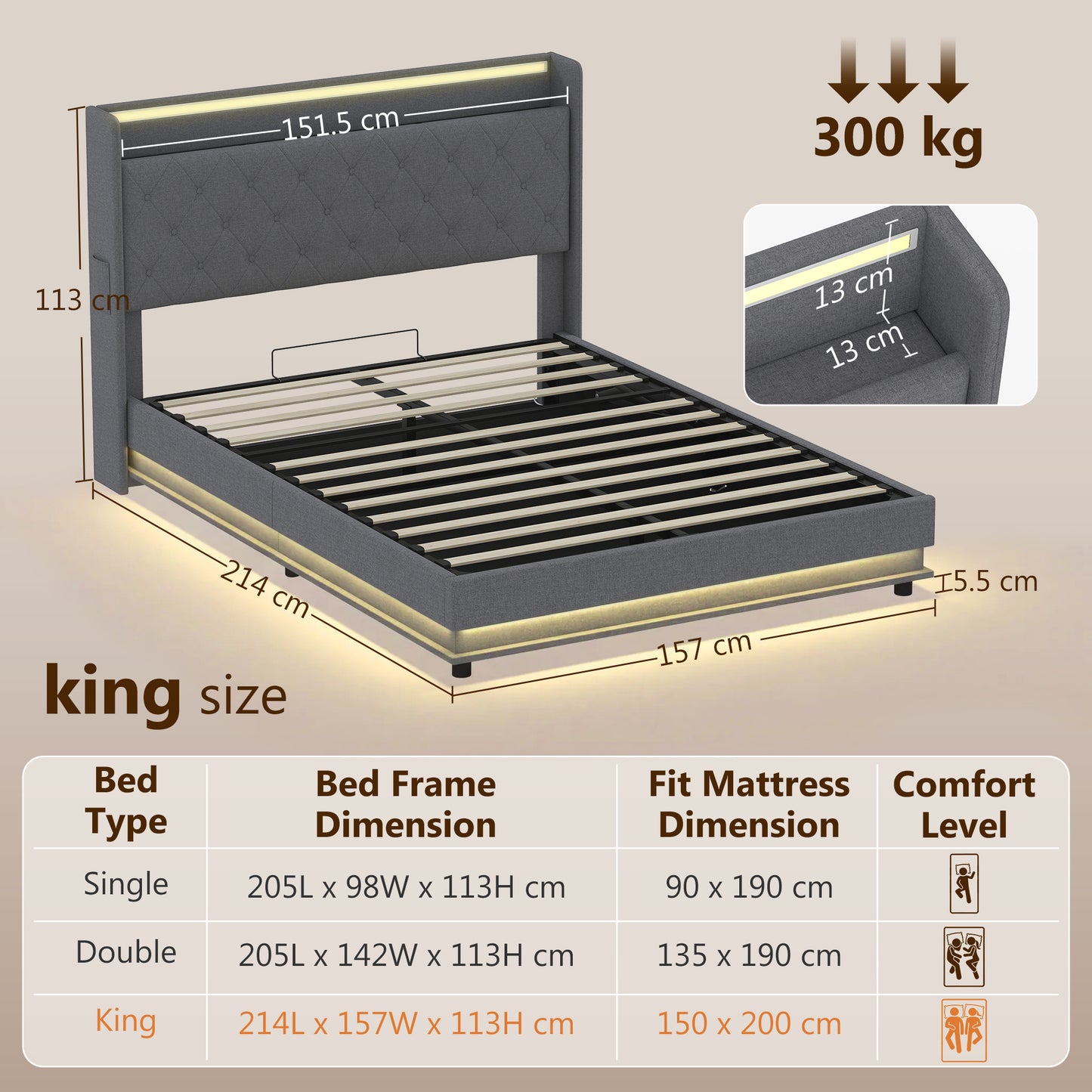 HOMCOM 5ft King Bed Frame With Hydraulic Storage Headboard LED Lights And Charging Station Grey