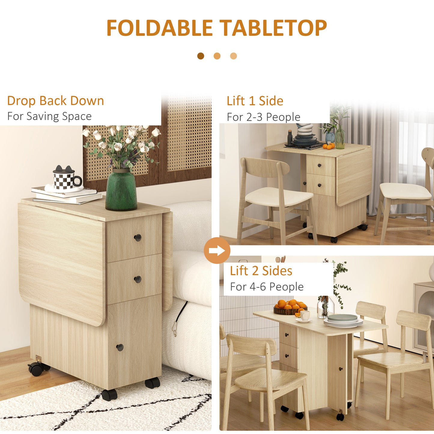 HOMCOM Six Person Drop Leaf Dining Table With Storage Wood Effect Expandable Seating For Six