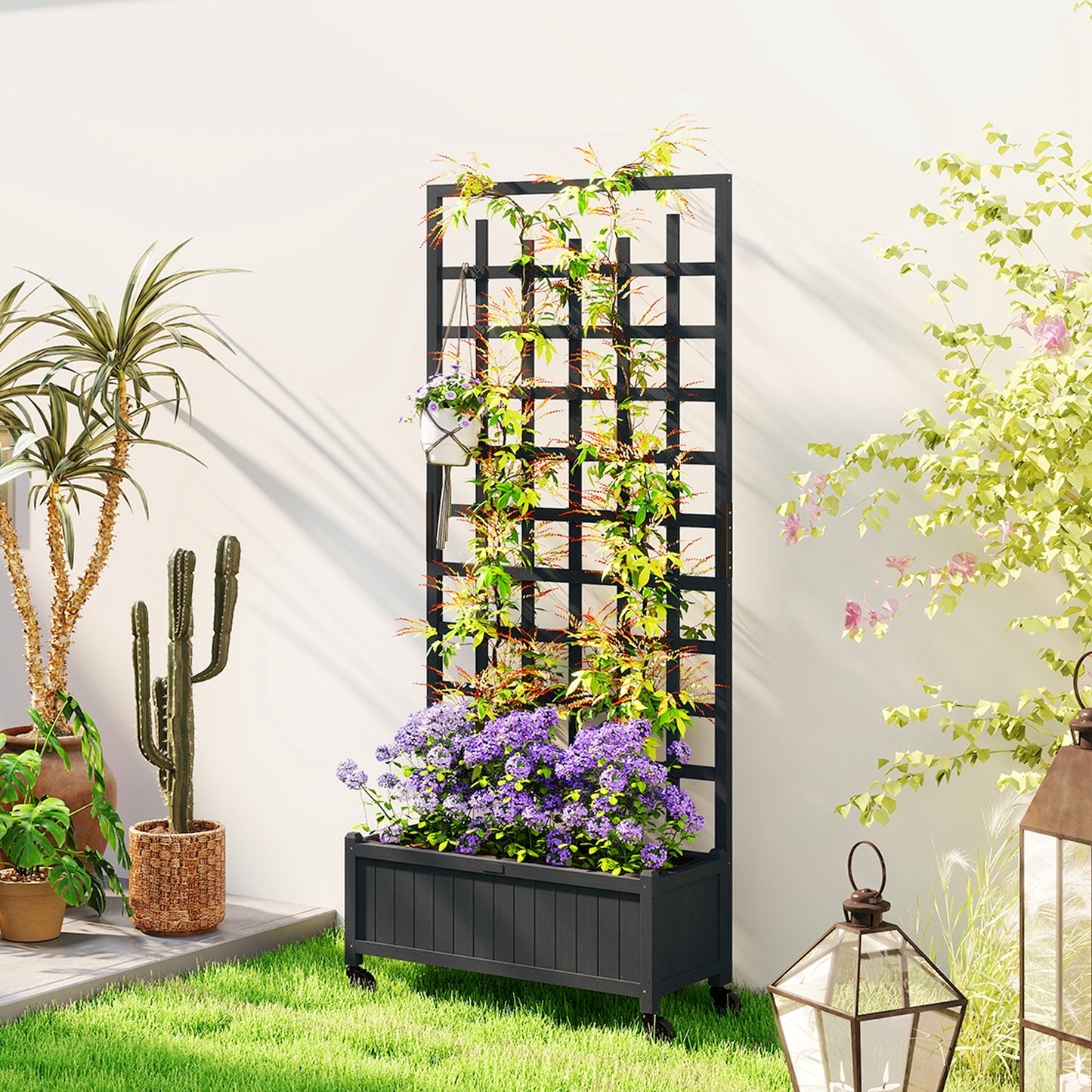 Outsunny Wooden Trellis Planter With Wheels Raised Garden Bed For Climbing Vegetables Herbs And Flowers Grey