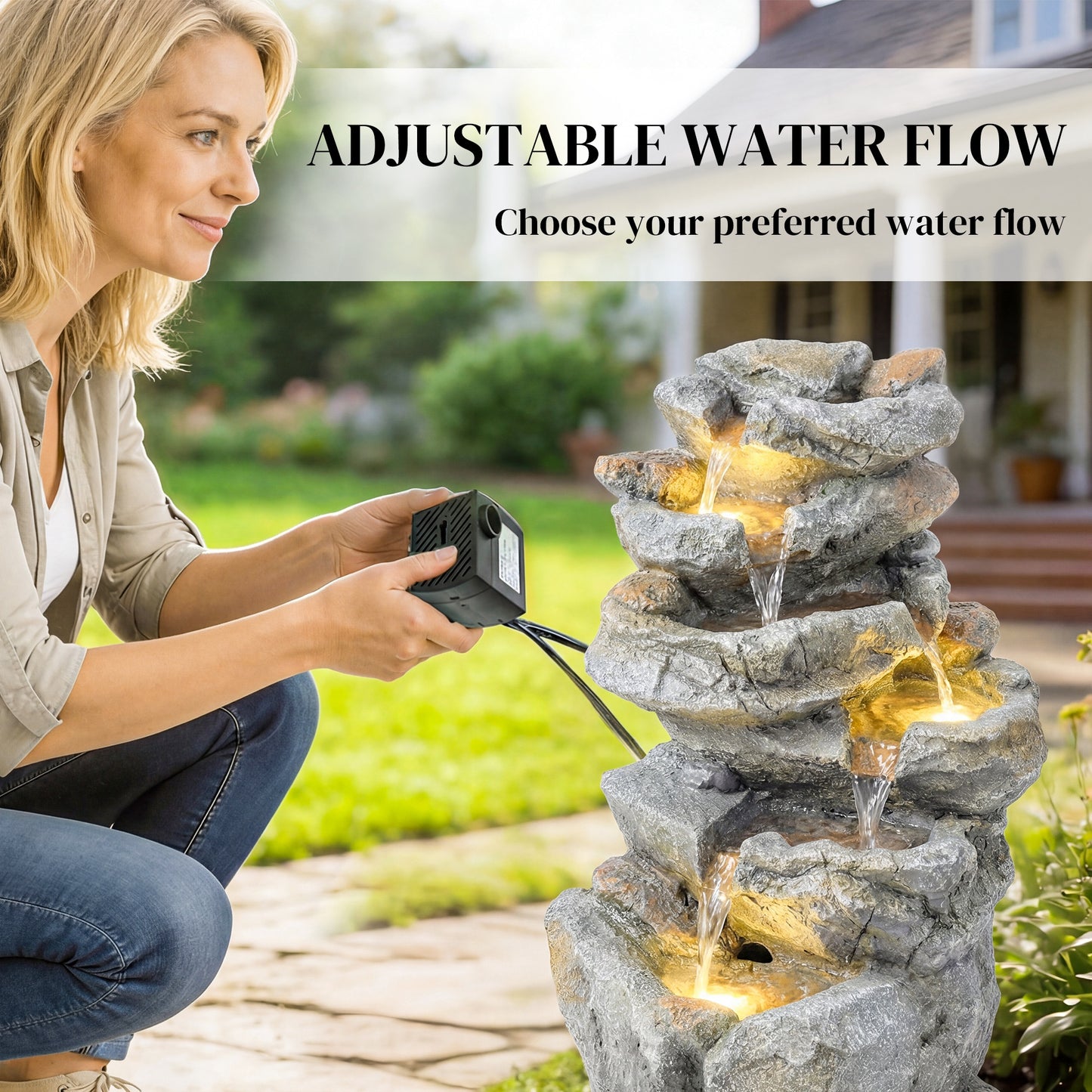 Outsunny 6-Tier Rock Style Outdoor Water Fountain With Cascading Waterfall LED Lights Adjustable Flow Grey