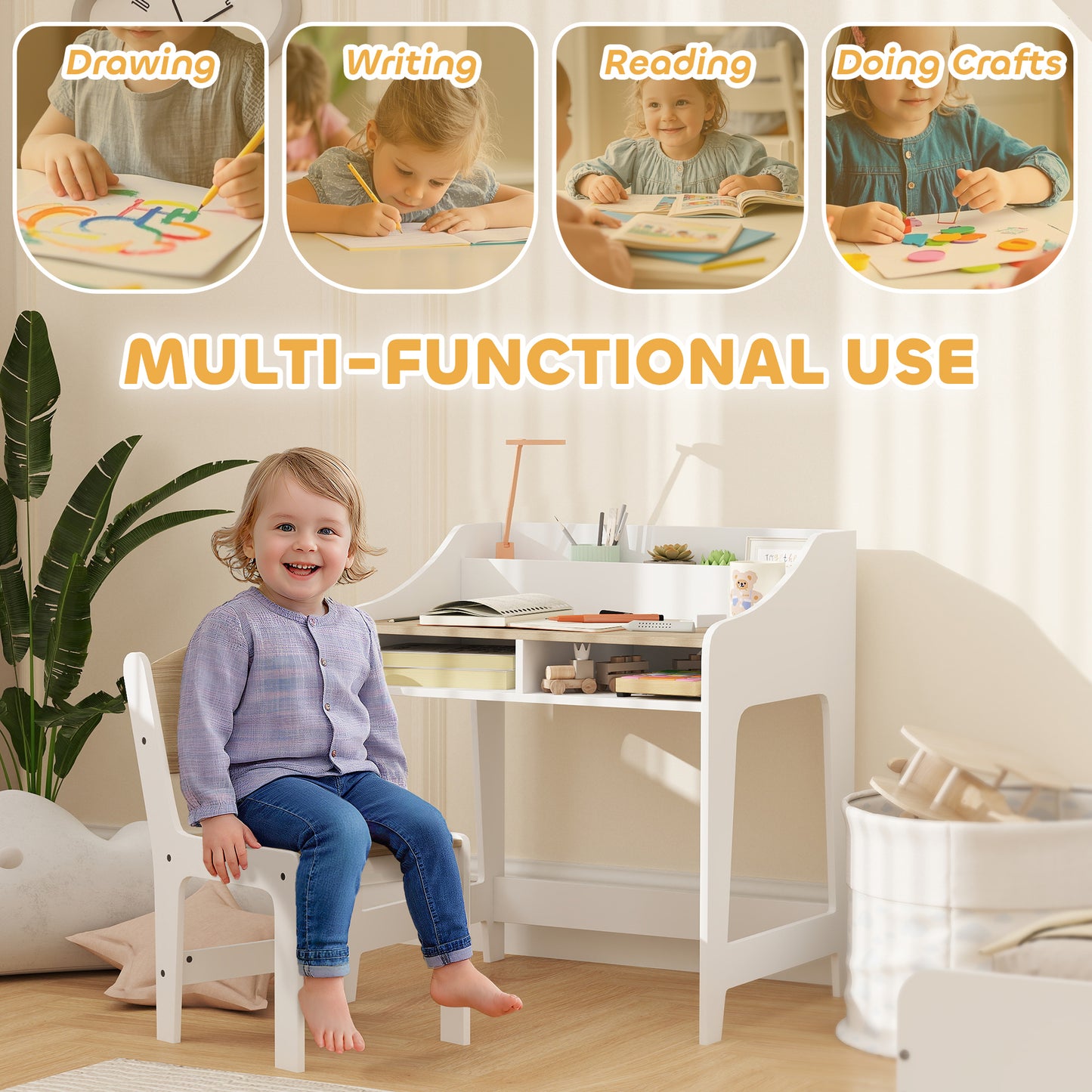 AIYAPLAY Kids Desk And Chair Set With Storage Shelves For Study Room Ideal Gift For Three To Eight Years Natural
